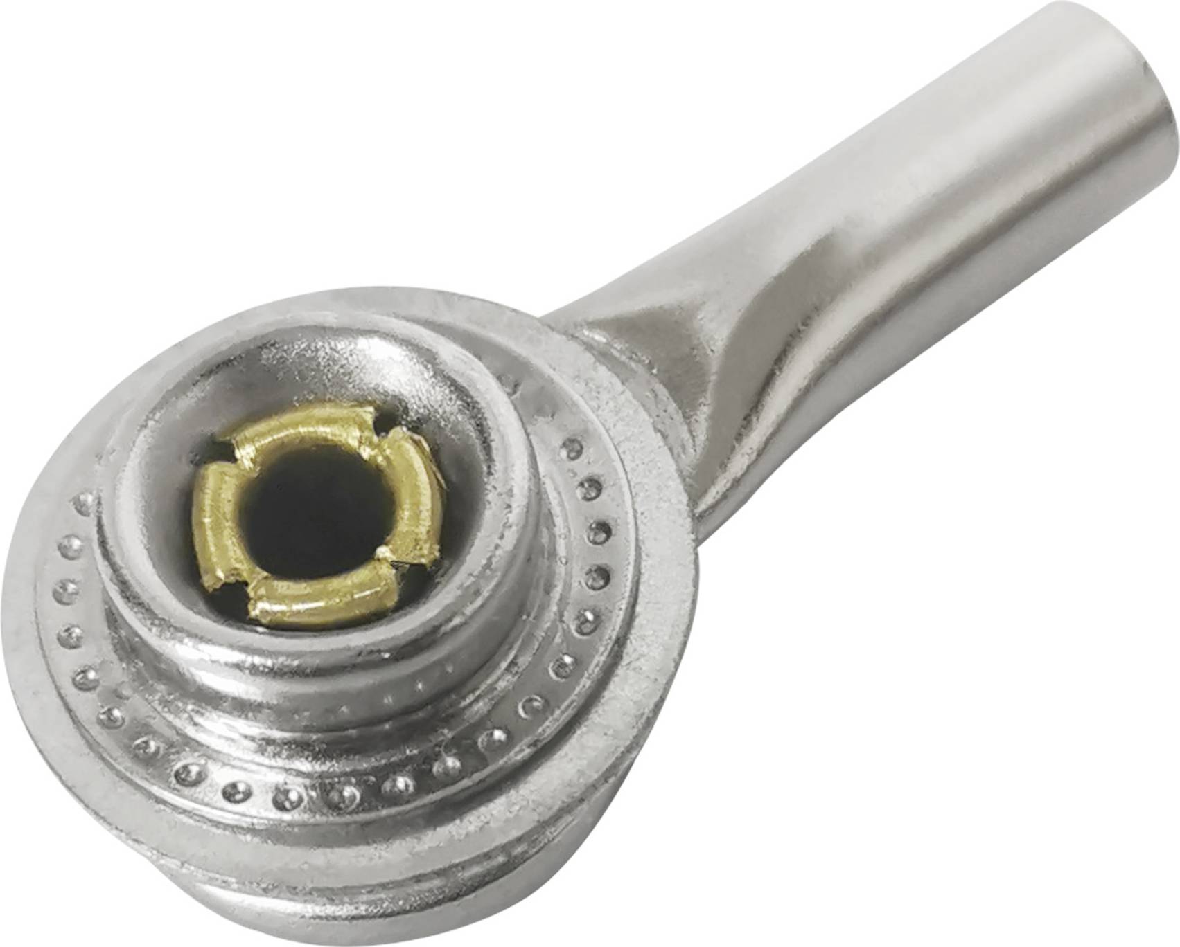 Kovový komponent, pravděpodobně kulový kloub, v stříbrné a zlaté barevné úpravě. Vhodný pro mechanické spoje.