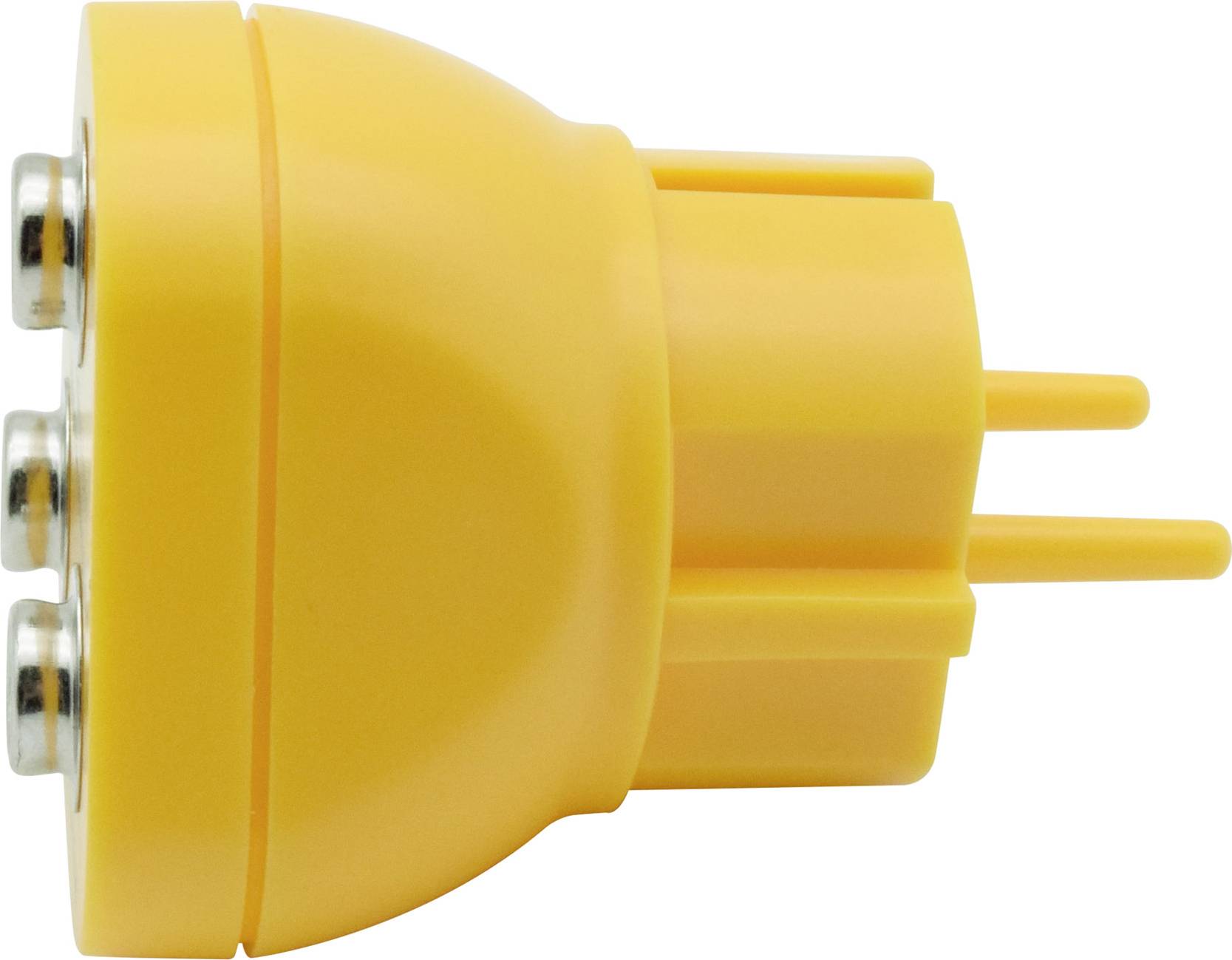 Žlutý adaptérový konektor se třemi kulatými zástrčkami, zobrazený z boku, určený pro elektrické připojení.