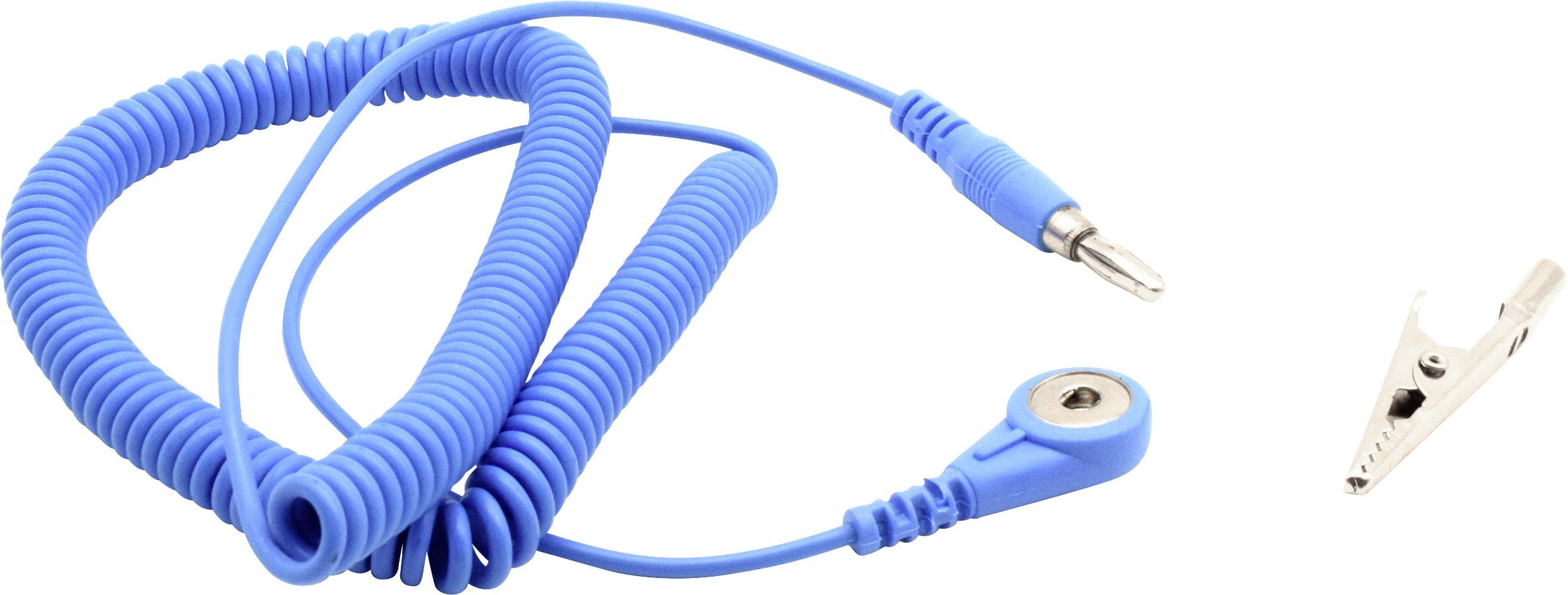 Modrý spirálový uzemňovací kabel s kovovou svorkou, používaný pro bezpečné uzemňovací spoje v elektrostatickém prostředí.