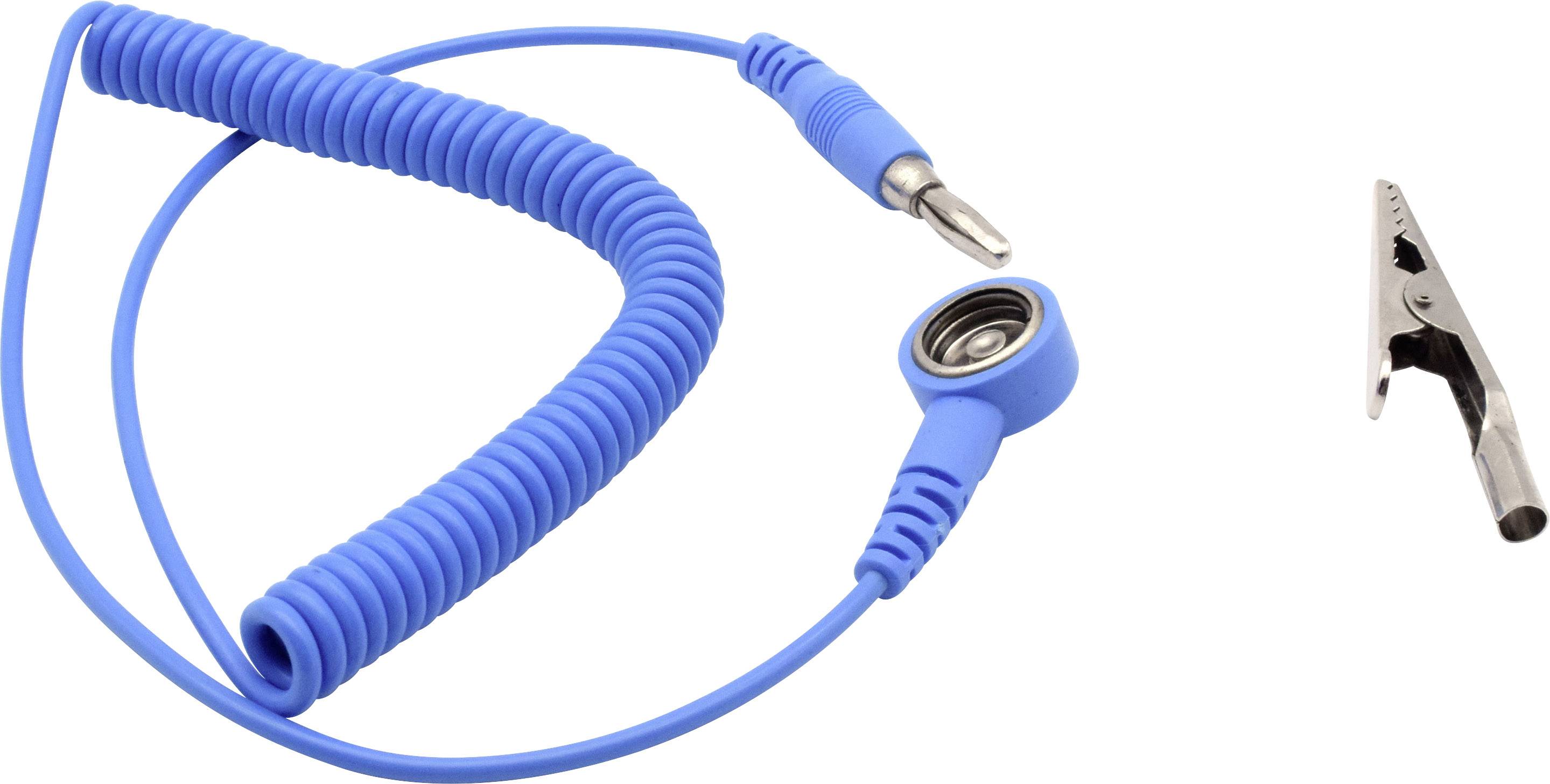 Modrý spirálovitý kabel s kovovým klipem na jednom konci a zástrčkou na druhém konci. Často používaný pro uzemnění nebo elektrické připojení.