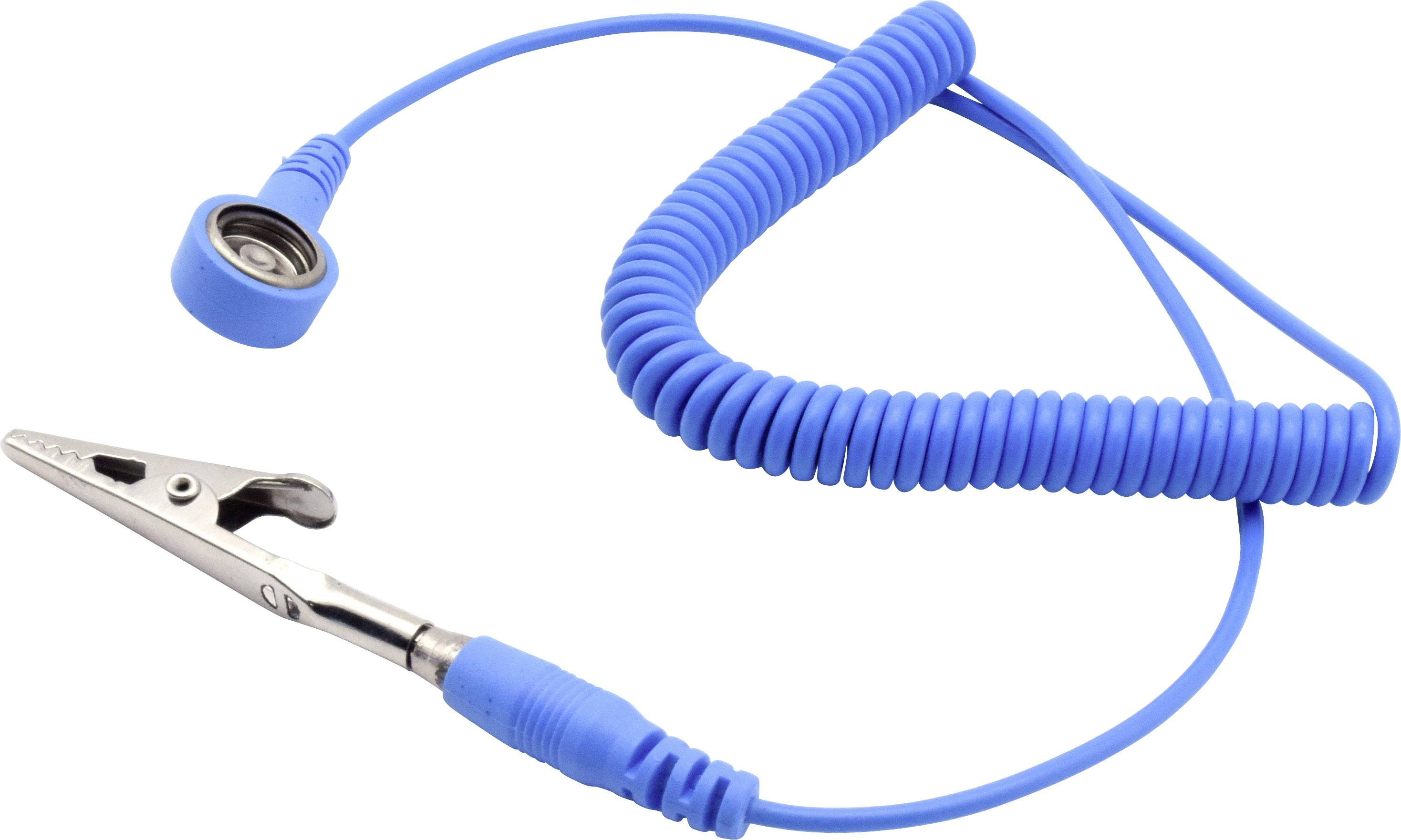 Modrý spirálovitý kabel s krokosvorkou na jednom konci, který slouží jako antistatický uzemňovací kabel.