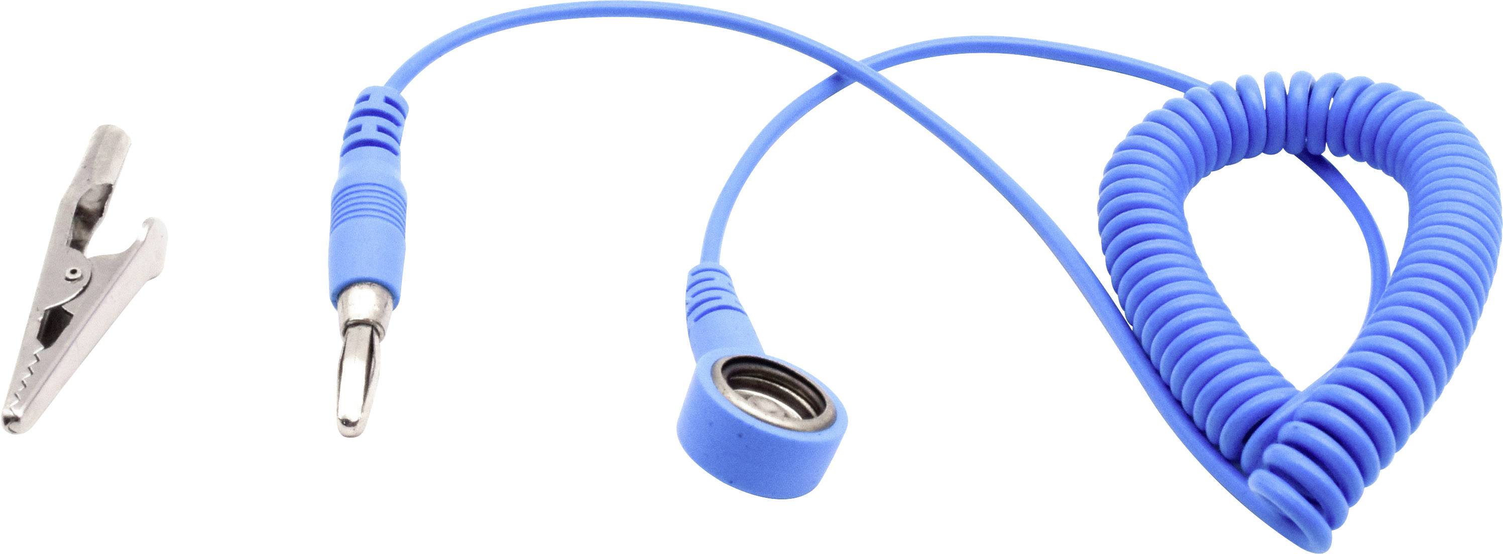 Modrý uzemňovací kabel s krokosvorkou a spirálovým vedením pro odvod statické elektřiny, často používaný v elektronických pracovních prostředích.