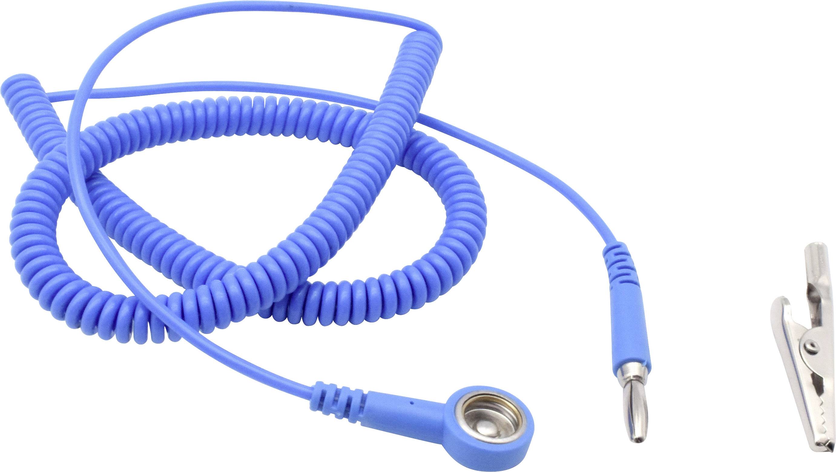 Modrý spirálovitý kabel s kovovými konektory a svorkou, vhodný pro aplikace elektrostatického vybíjení.