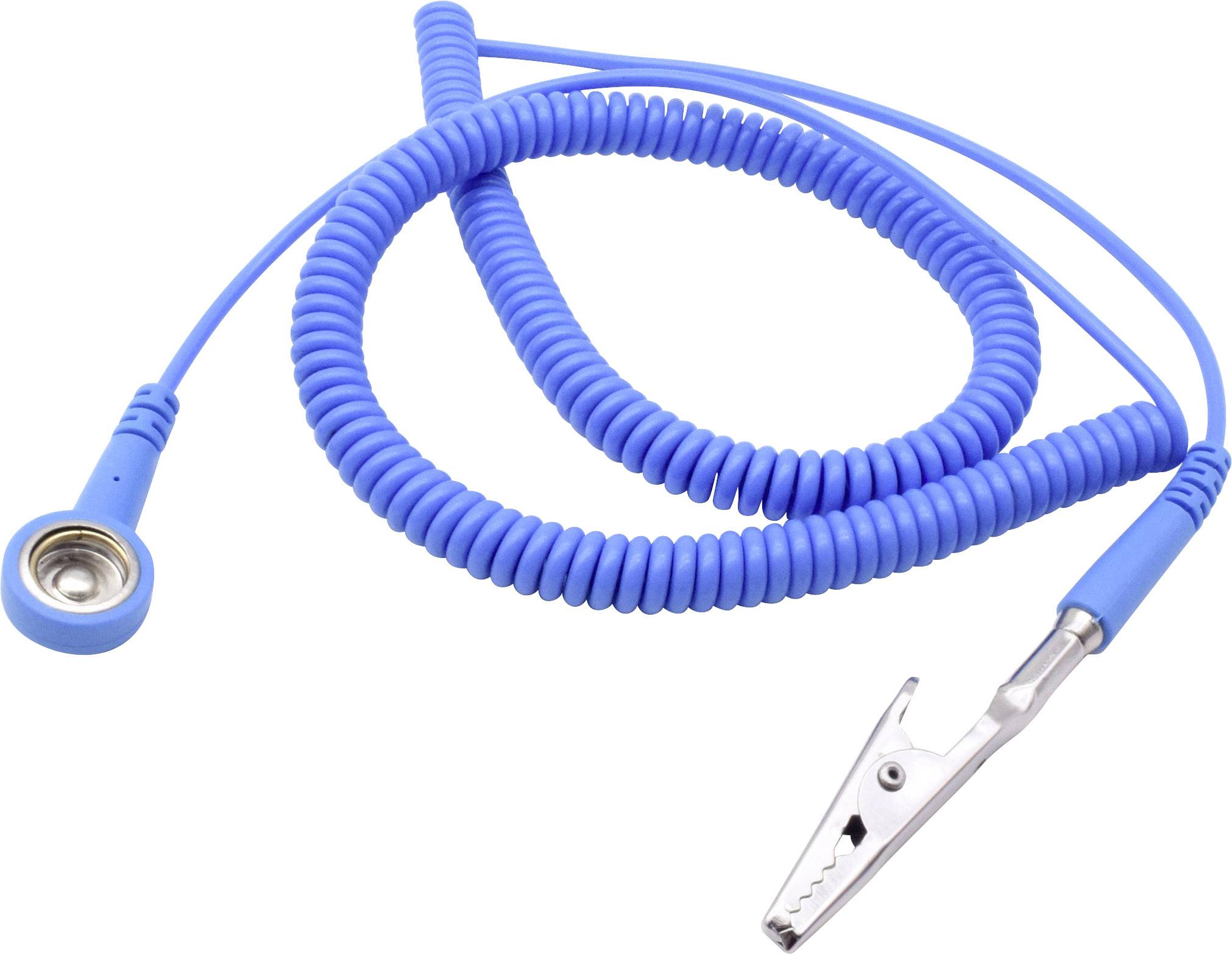 Modrý, spirálovitě stočený kabel s kovovým klipem na jednom konci a kulatou kovovou objímkou na konci druhém.