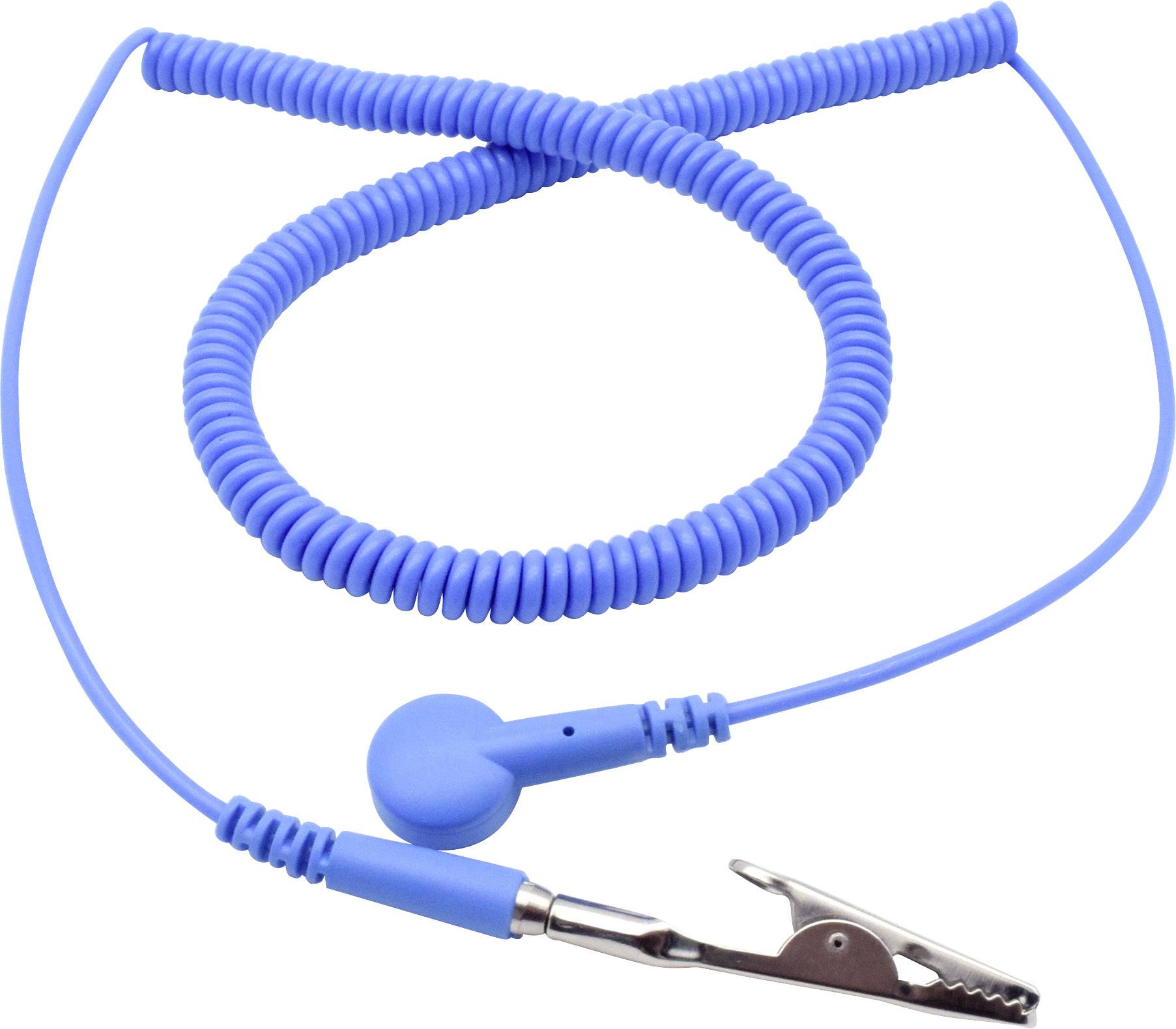 Modrý spirálovitý uzemňovací kabel s krokosvorkou na jednom konci a stiskacím tlačítkem na druhém konci, pravděpodobně určený pro elektrostatické vybíjení.