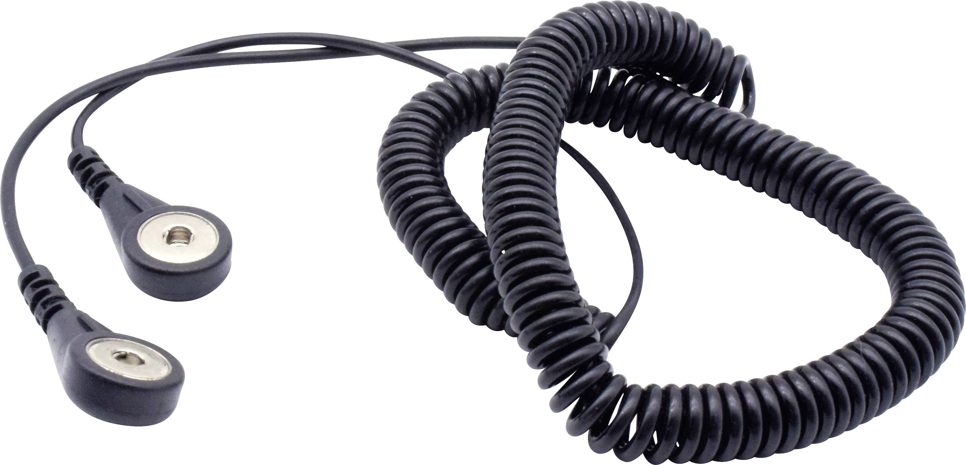 Černý spirálovitý EKG kabel se dvěma elektrodovými konektory, který se používá pro lékařské monitorovací přístroje.