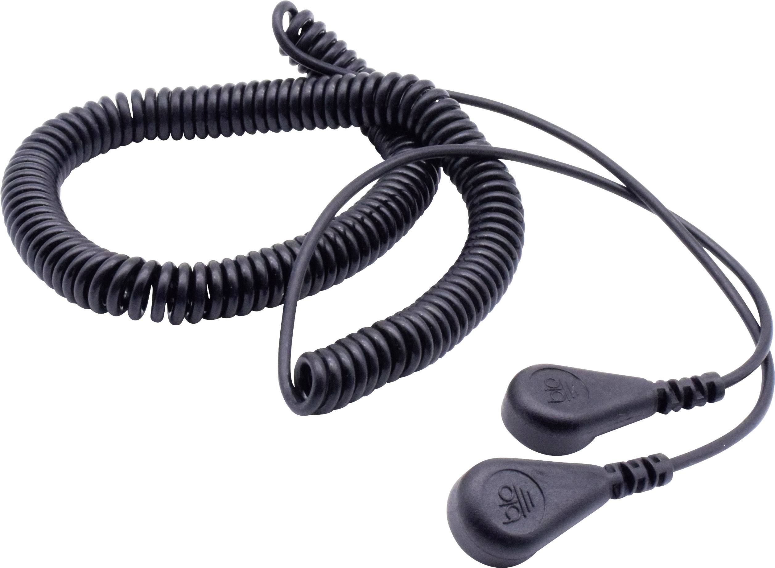 Černý spirálovitý kabel se dvěma konektory, vhodný pro lékařské aplikace, jako jsou EKG přístroje.