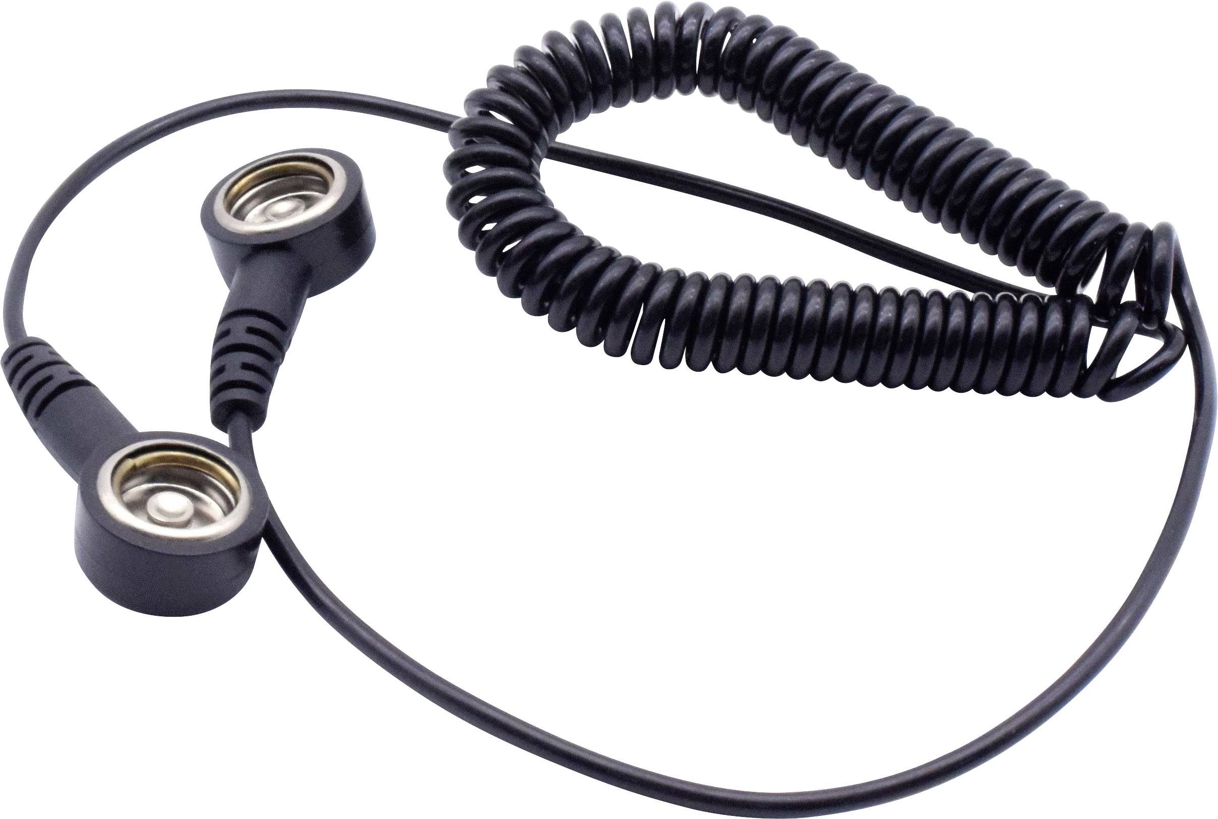 Černý telefonní spirálový kabel s dvěma kulatými magnety na koncích, pravděpodobně určený pro připojení k lékařským nebo technickým zařízením.