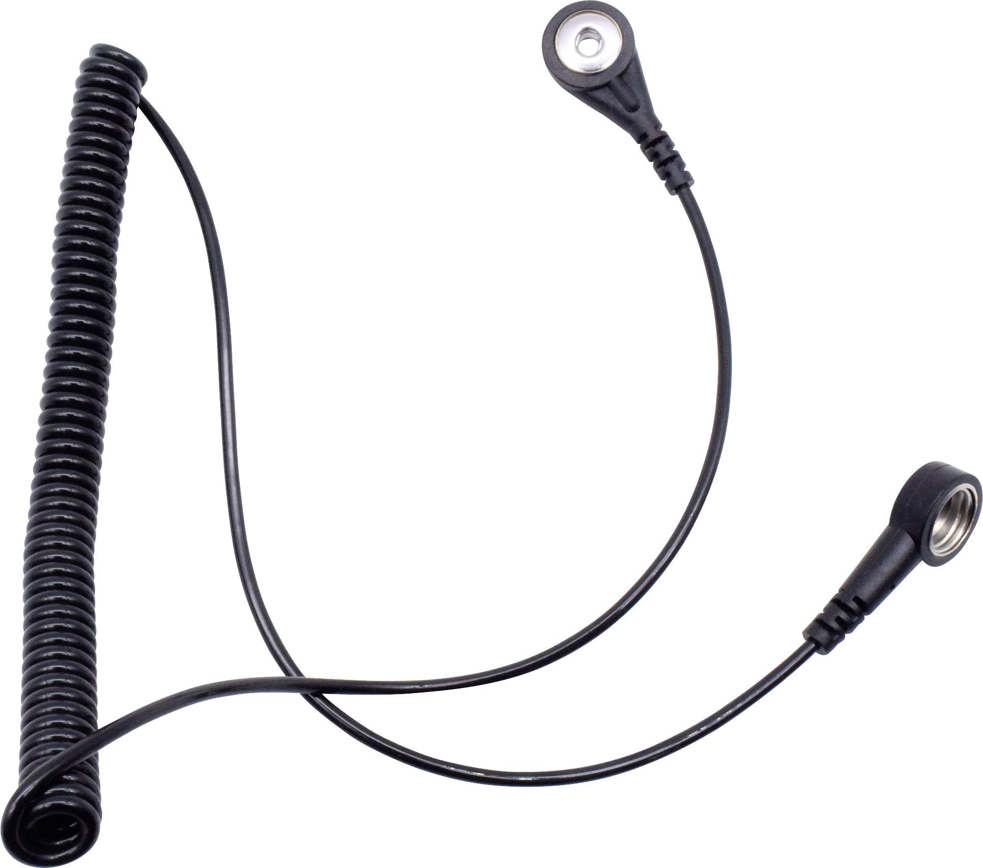 Černý spirálový kabel se dvěma plochými, kulatými konektory na koncích, vhodný pro elektrické připojení nebo zařízení.