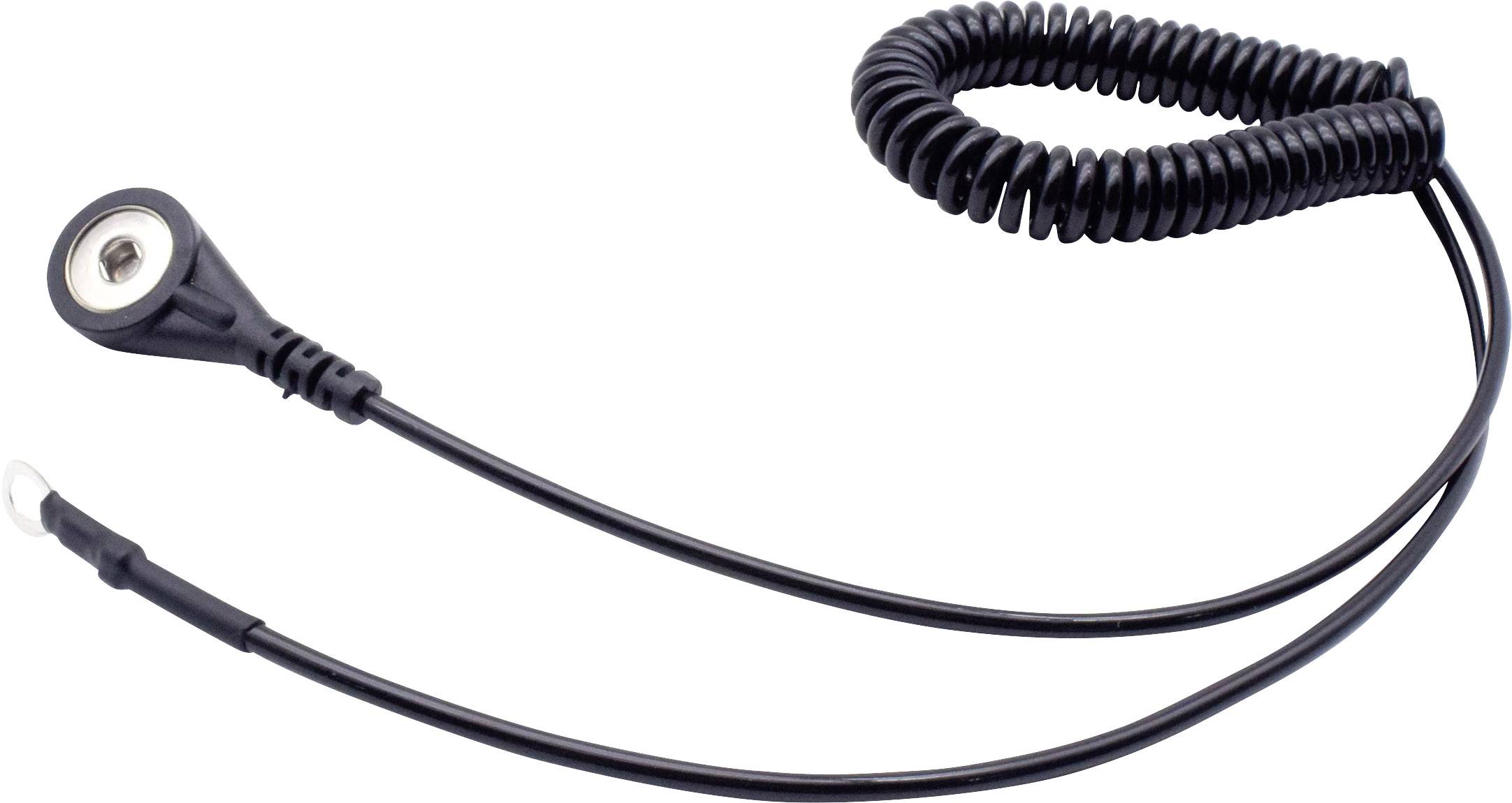 Černý spirálovitý kabel s konektorem na jednom konci a kruhovým kabelovým okem na straně druhé. Vhodný pro elektronické připojení.
