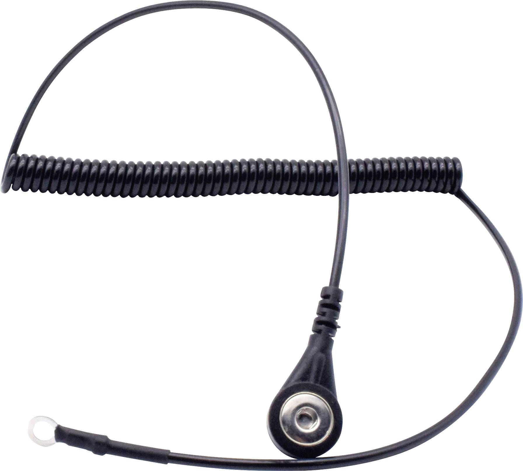 Černý spirálový kabel s kulatou kovovým upevněním na konci, vhodný pro technické nebo elektronické aplikace.
