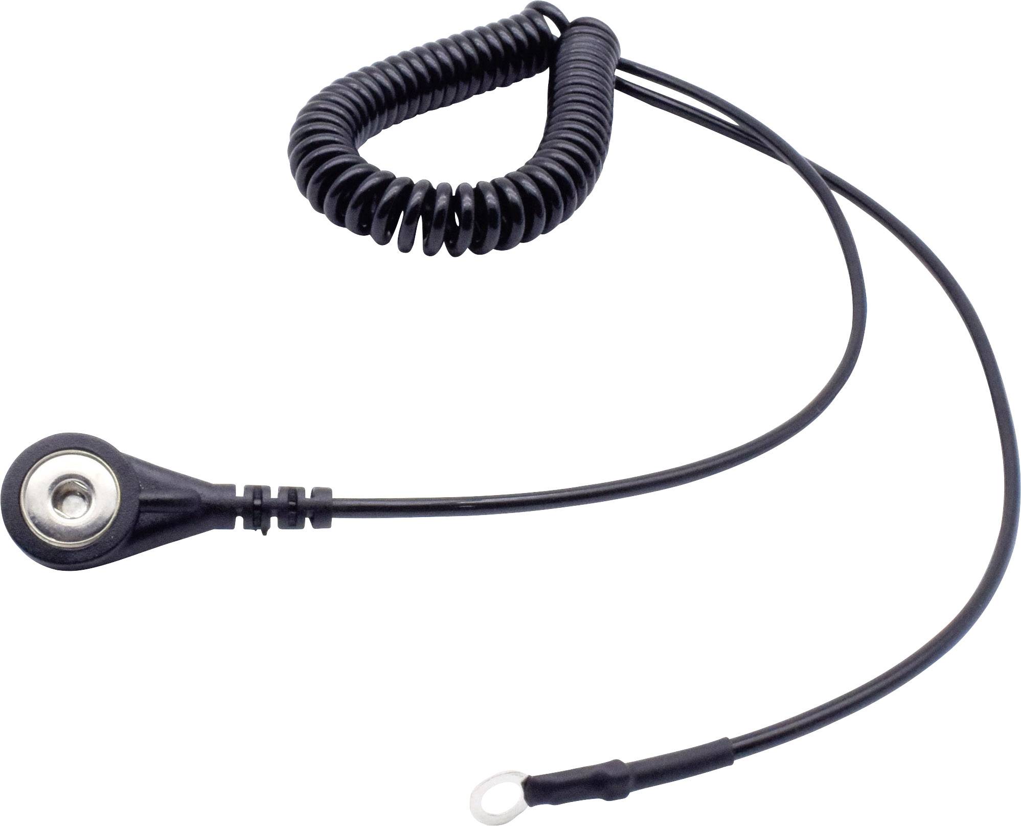 Černý spirálový kabel se dvěma kulatými konektory na koncích, používaný pro elektrické propojení.