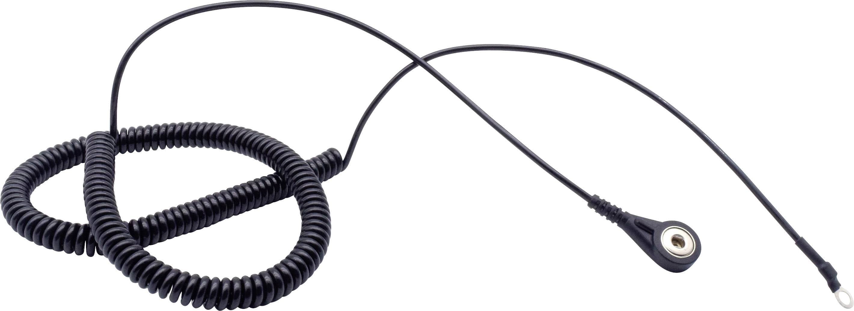 Dlouhý, stočený černý kabel s konektorem na jednom konci a drátovitým výběžkem na konci druhém.