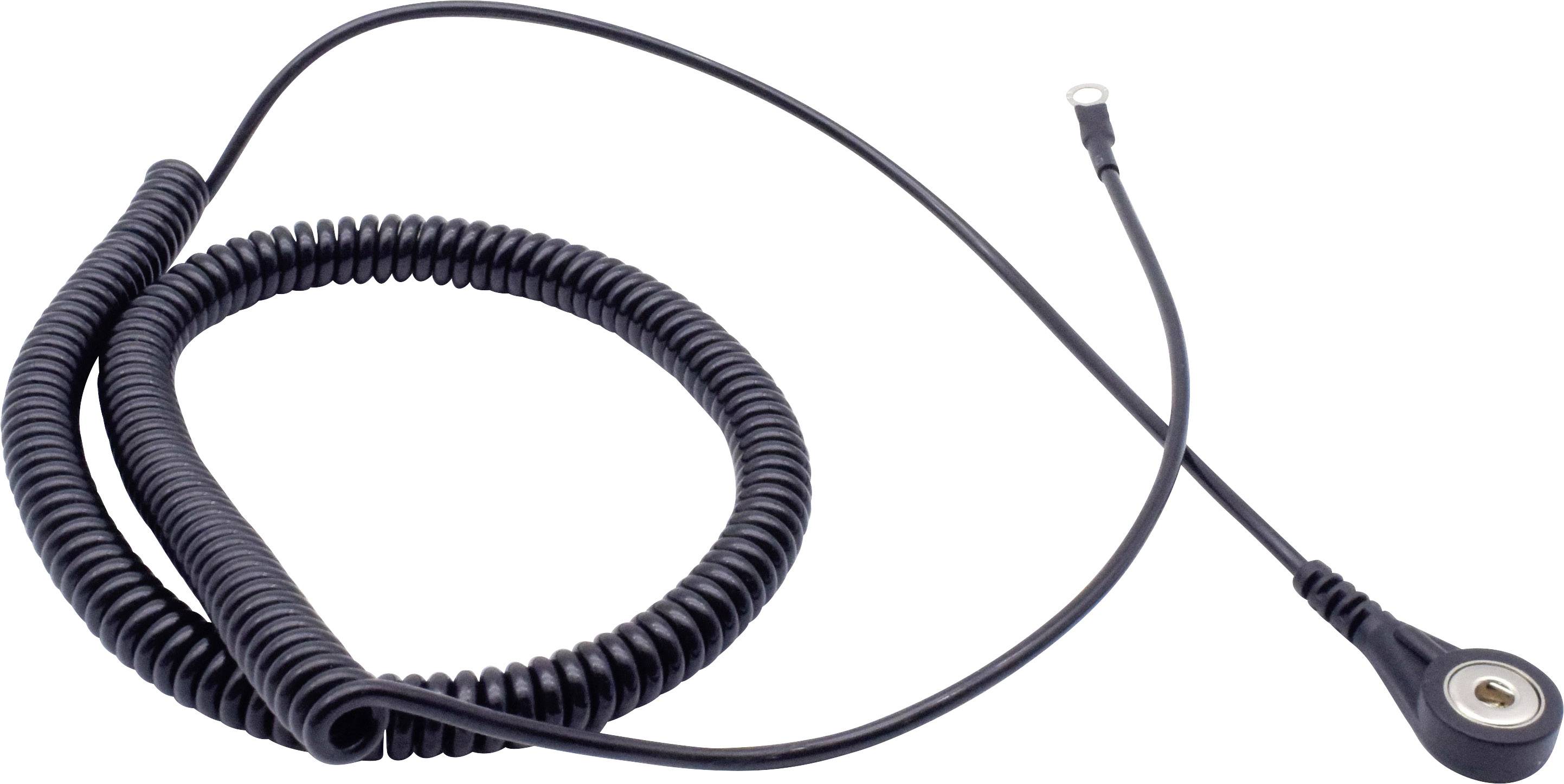 Černý spirálovitý kabel s kovovým konektorem na jednom konci, který slouží k propojení elektronických zařízení.