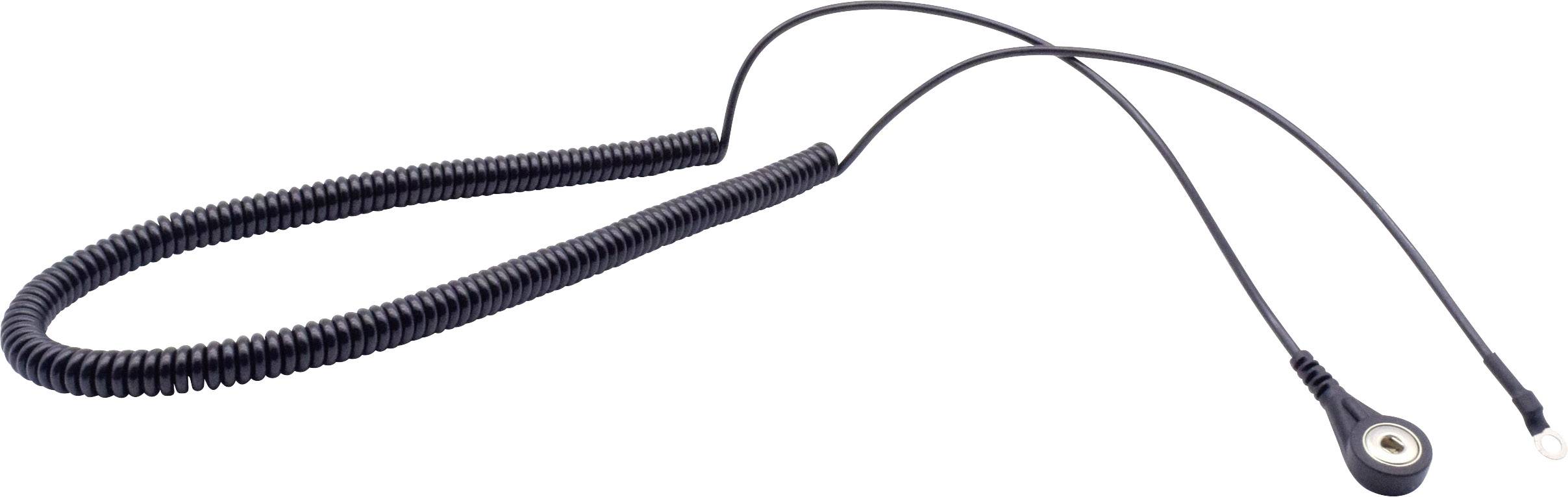 Černý spirálovitý kabel s kulatou koncovkou na konci. Žádné další pozadí nebo kontext není patrný.