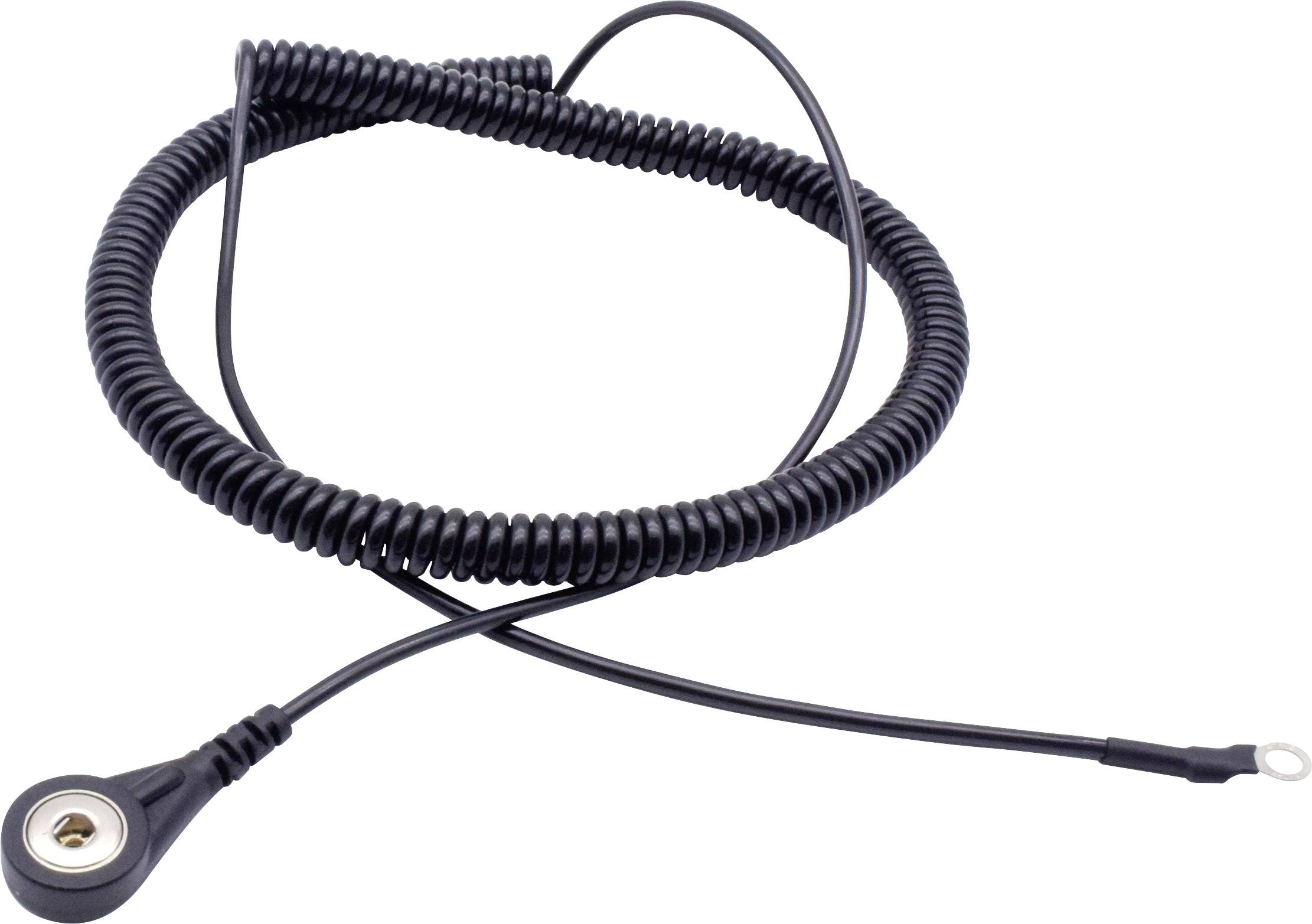 Černý spirálovitý kabel s kulatou koncovkou na jednom konci a kruhovou koncovkou na straně druhé.