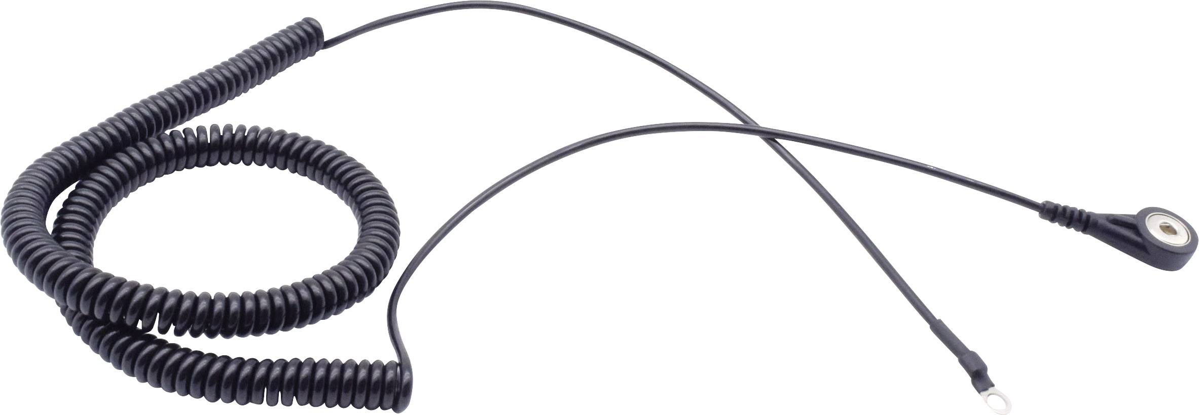 Černý spirálovitý kabel se dvěma konektory, jeden s kroužkovým zakončením, vhodný pro elektronická zařízení.