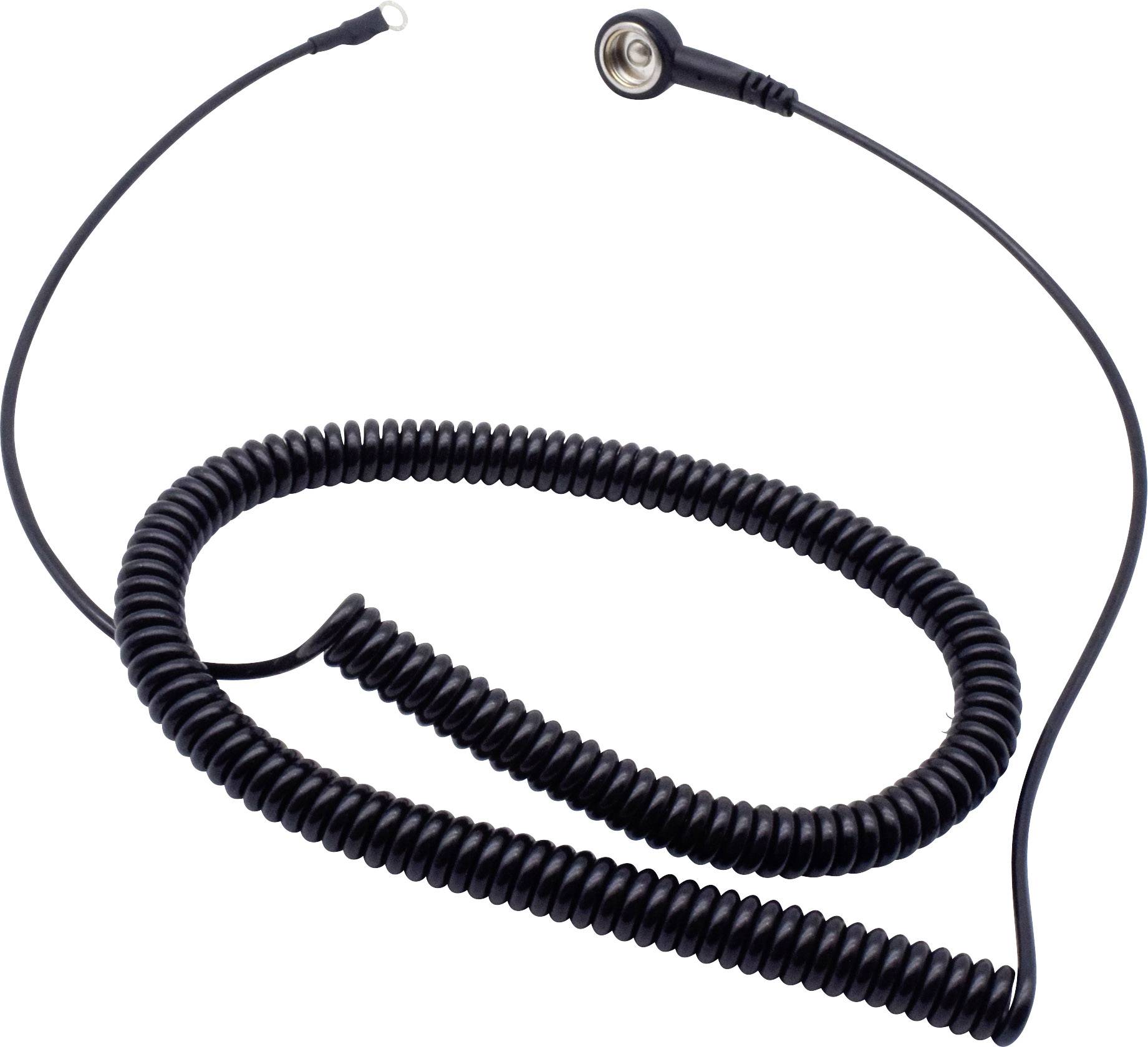 Černý, spirálovitý kabel se dvěma různými koncovými konektory; jeden s kulatou kovovým okem, druhý s pevnějším připojením.