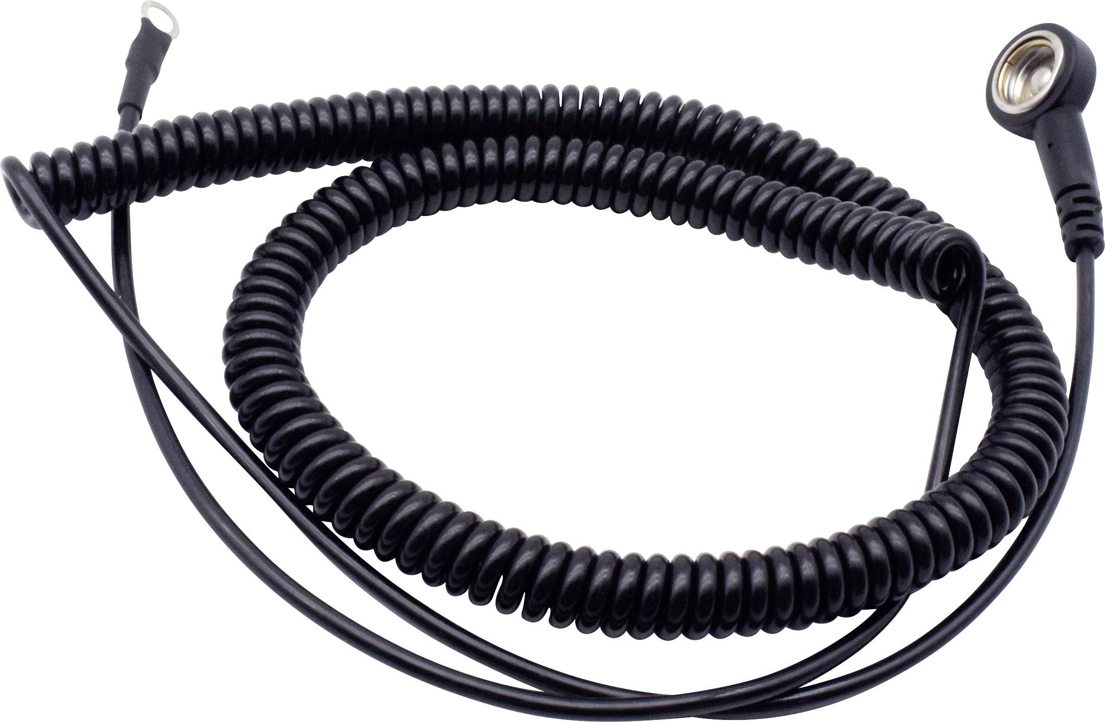 Černý spirálovitý prodlužovací kabel, který je navinutý. Na konci jsou speciální konektory.