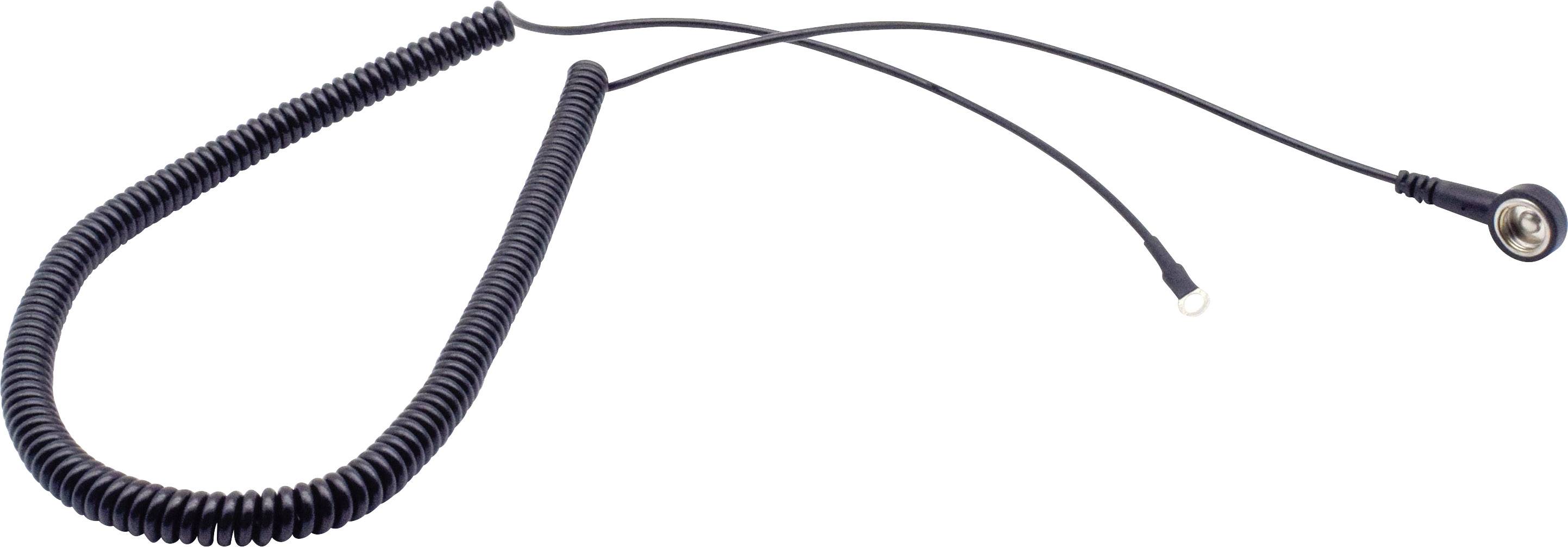 Černý spirálovitý kabel se dvěma různými konektory na koncích, umístěný na bílém pozadí.