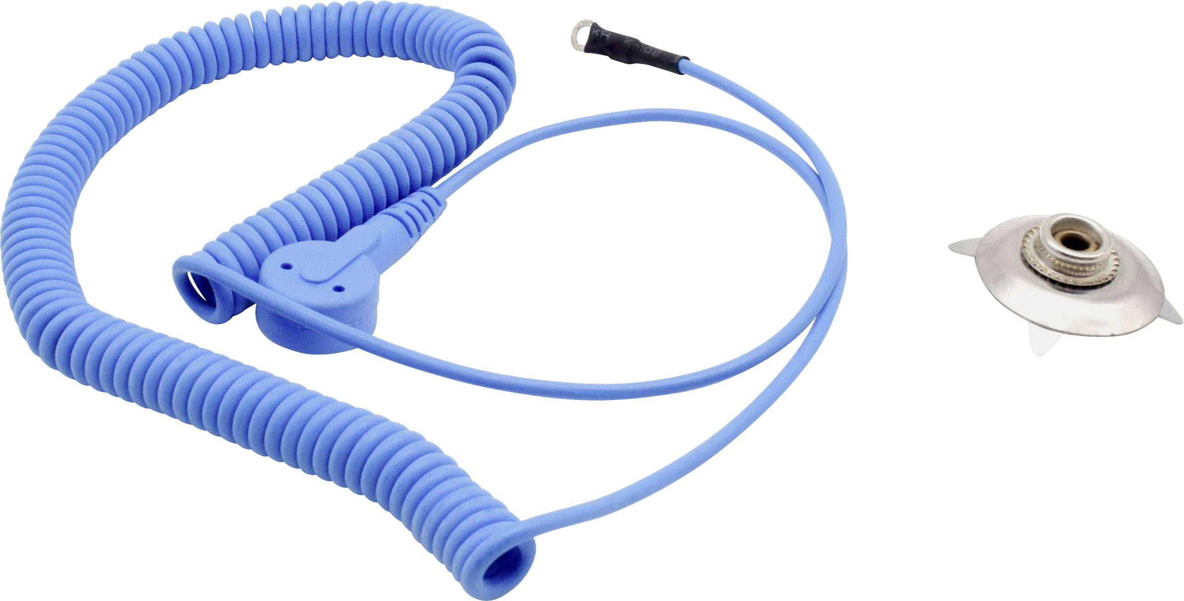 Spirálovitý modrý kabel se zástrčkou a plochým, kulatým kovovým konektorem, pravděpodobně určený pro připojení k lékařským přístrojům.