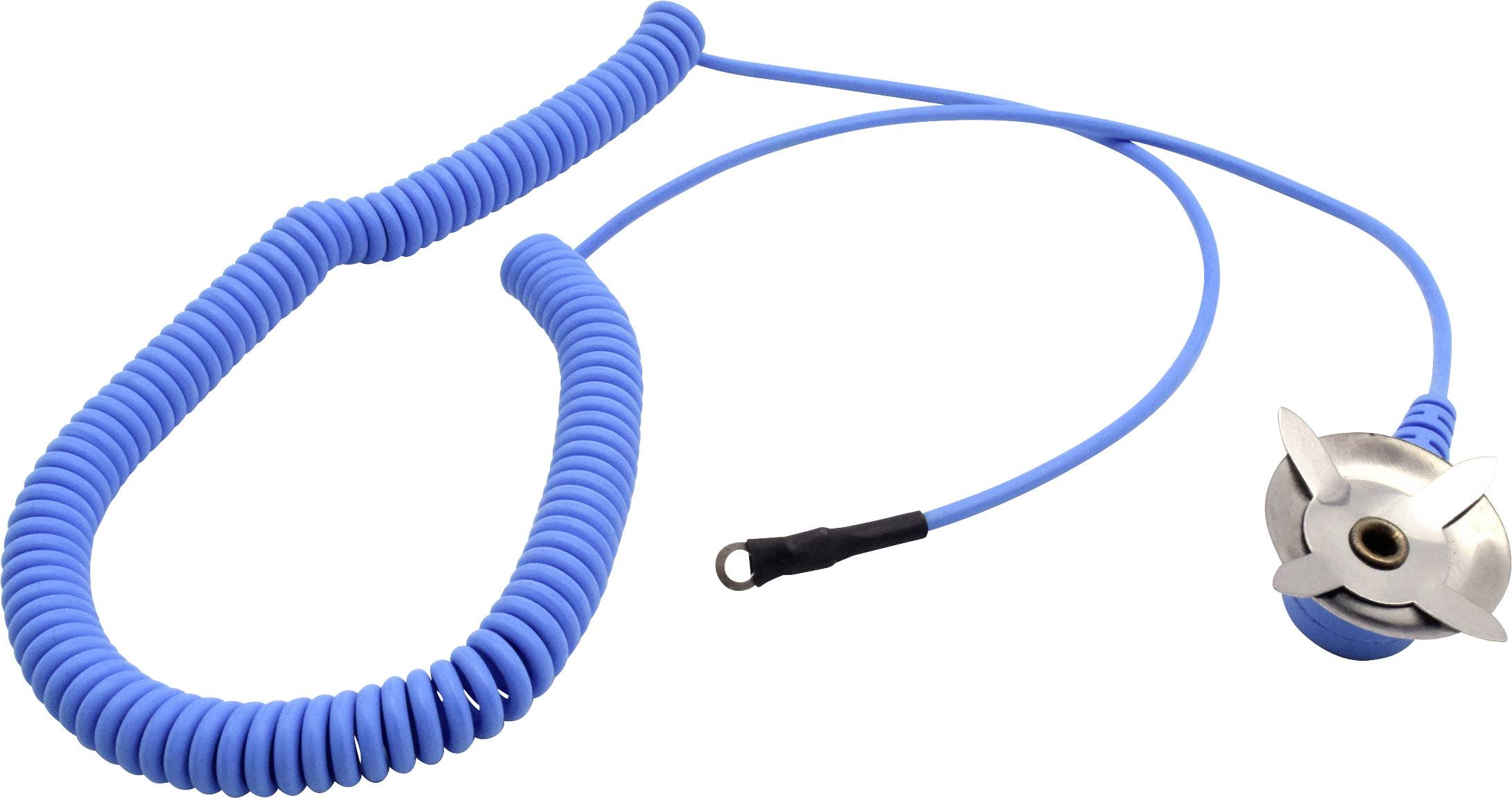 Modrý, spirálovitě stočený kabel s kovovým konektorem.