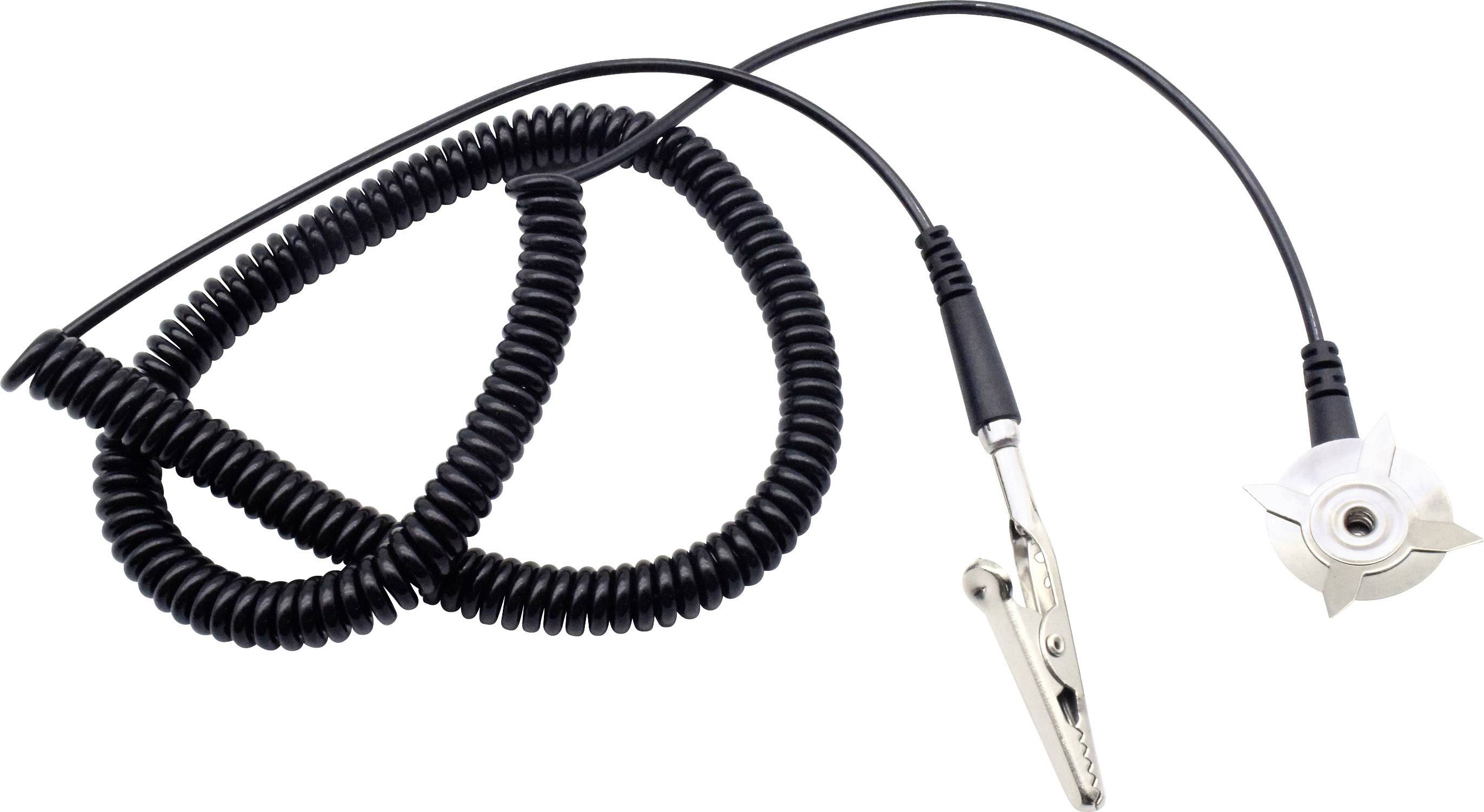 Spirálovitý černý kabel vybavený kovovou svorkou a adaptérem na druhé straně, který je často používán pro elektrické připojení.