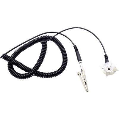 Spirálovitý černý kabel vybavený kovovou svorkou a adaptérem na druhé straně, který je často používán pro elektrické připojení.