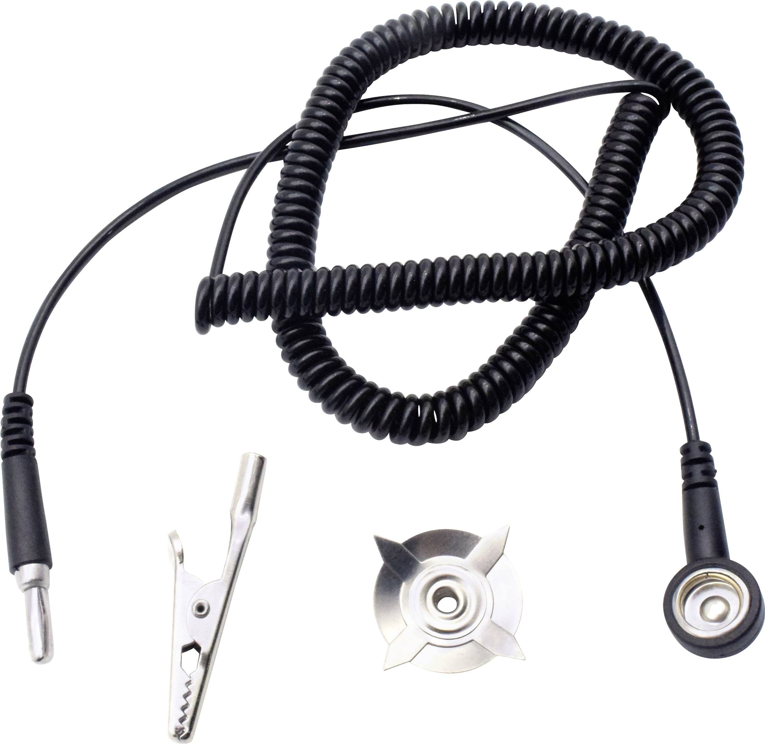 Spirálový kabel s konektorem, krokosvorkou a kruhovou kovovou svorkou, vhodný pro elektronická zařízení.