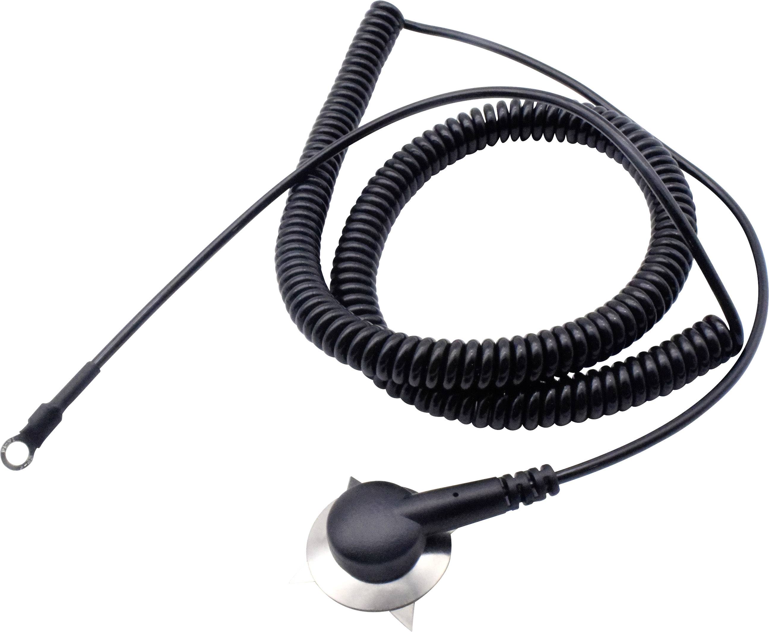 Dlouhý spirálovitý černý kabel s kovovým kroužkem na jednom konci a kulatou koncovkou na konci druhém.