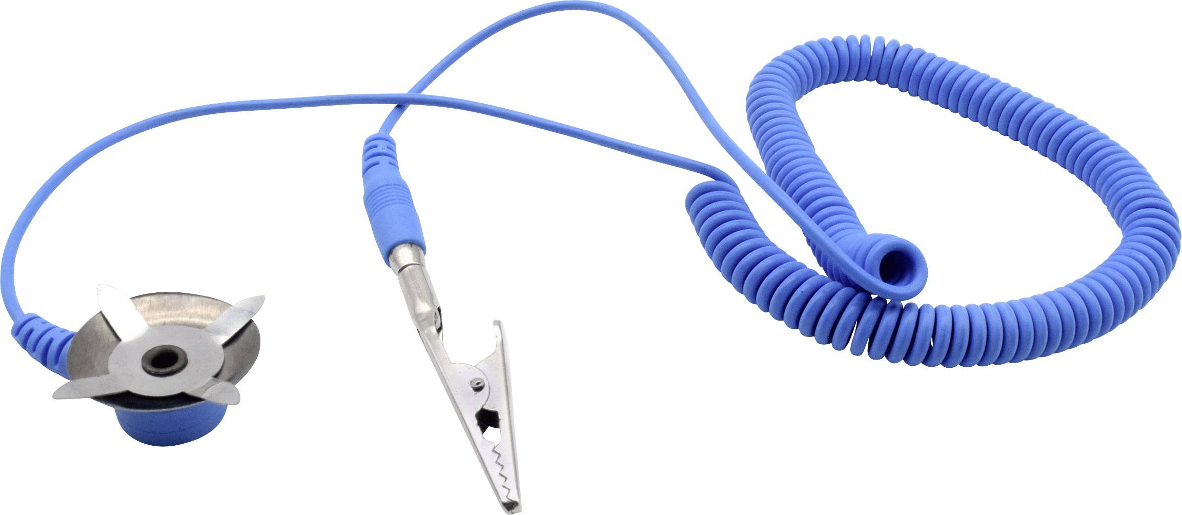 Modrý spirálovitý napájecí kabel s krokosvorkou a kovovým konektorem, běžně používaný v elektrických aplikacích.
