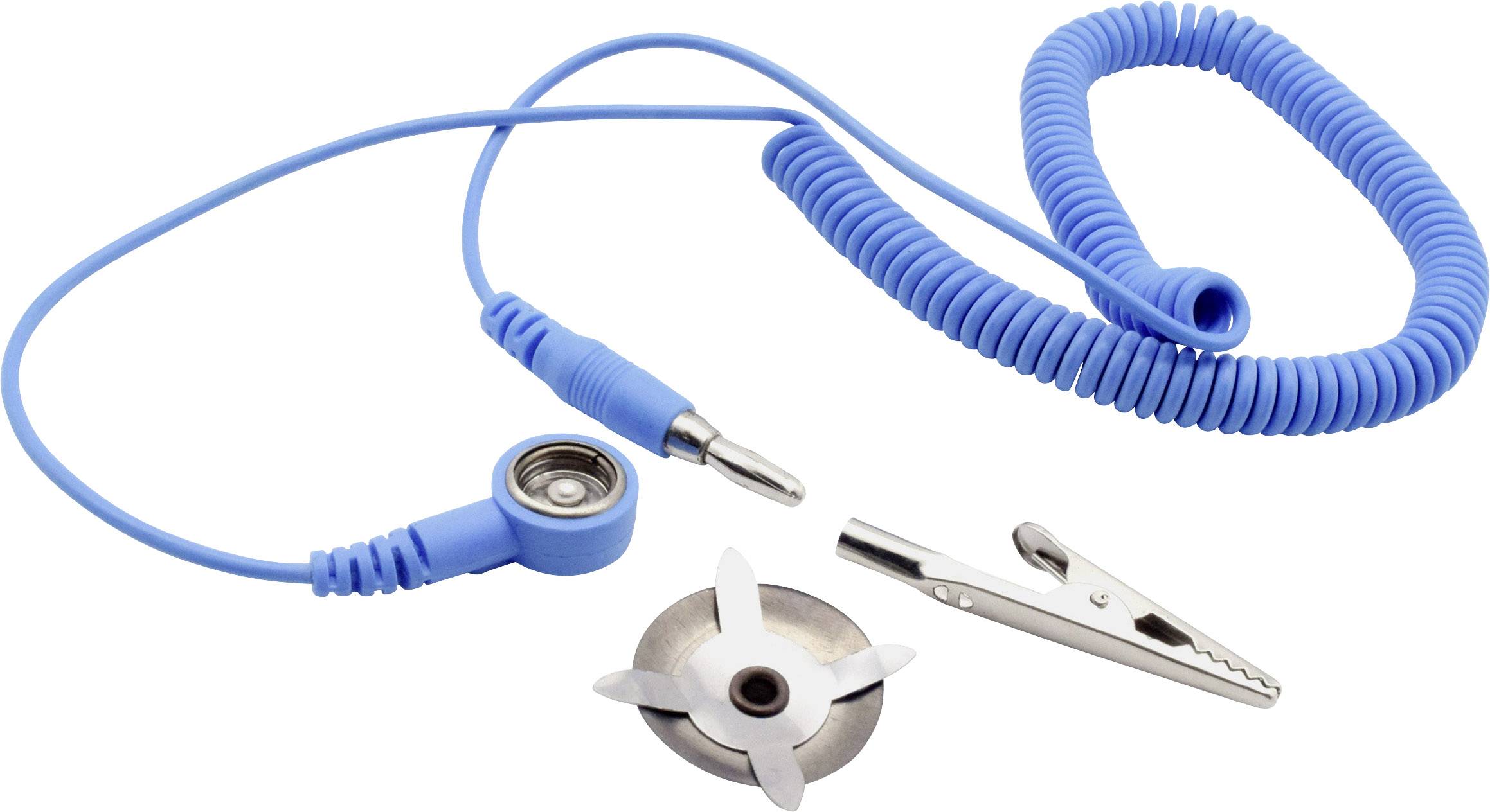 Modré spirálovité uzemňovací ESD kabel s krokosvorkou a tlakovým tlačítkem, používané k prevenci elektrostatických výbojů.