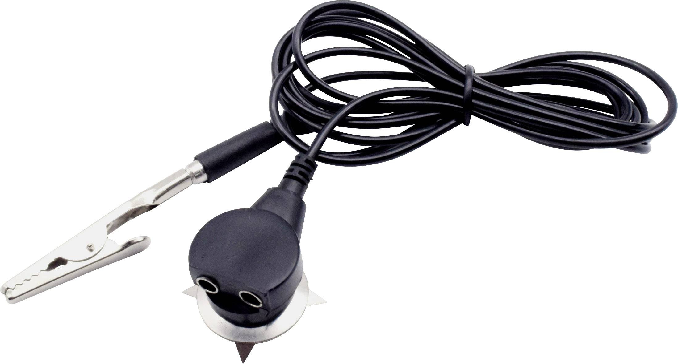 Černý kabel s krokosvorkou a kulatou, dvoupólovou koncovkou. Vypadá to jako elektrotechnický testovací přístroj.