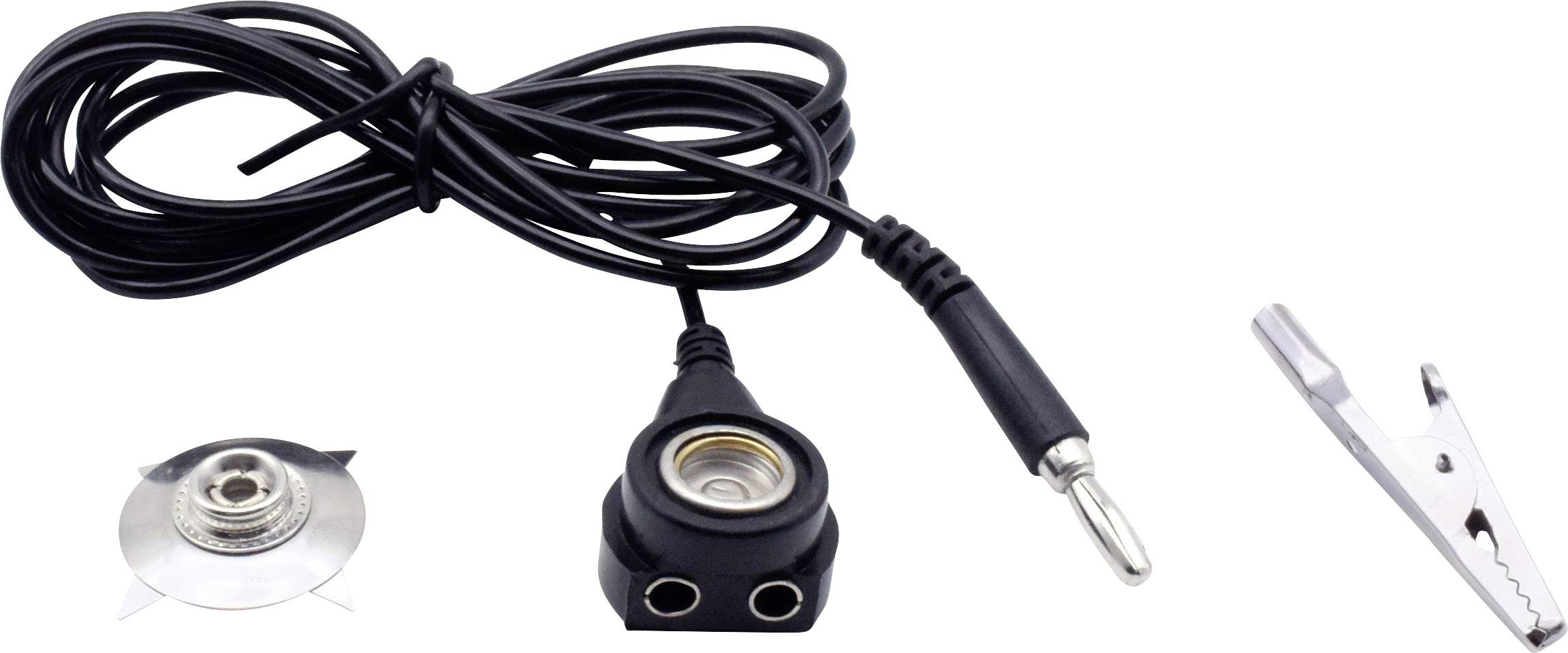 Tři elektronické komponenty: kabel s kovovým konektorem, válcový adaptér a kovová svorka. Jsou určeny pro technické propojení.
