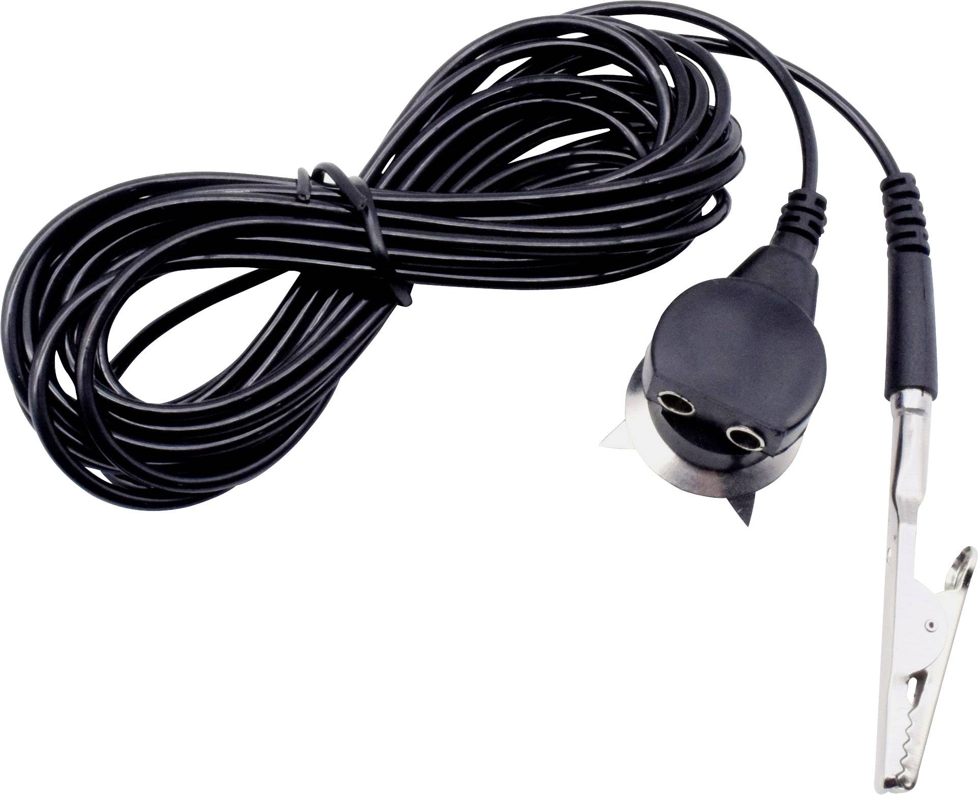 Černý kabel s krokosvorkou a dvěma zdířkami, pravděpodobně elektronický doplněk k propojení zařízení.