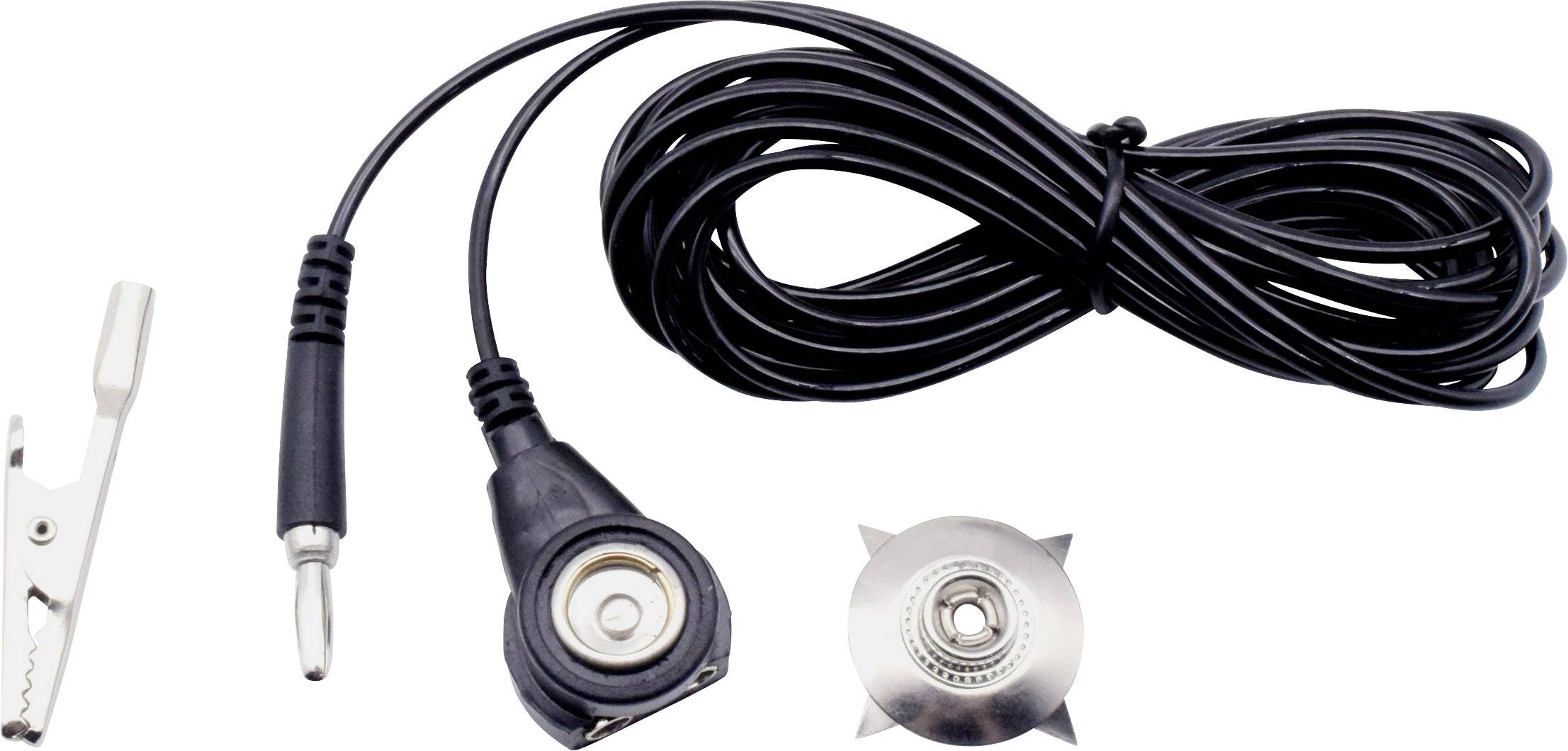 Kabel s klipem, zástrčkou a kovovým kontaktem, vhodný pro elektrické aplikace nebo měřicí přístroje.