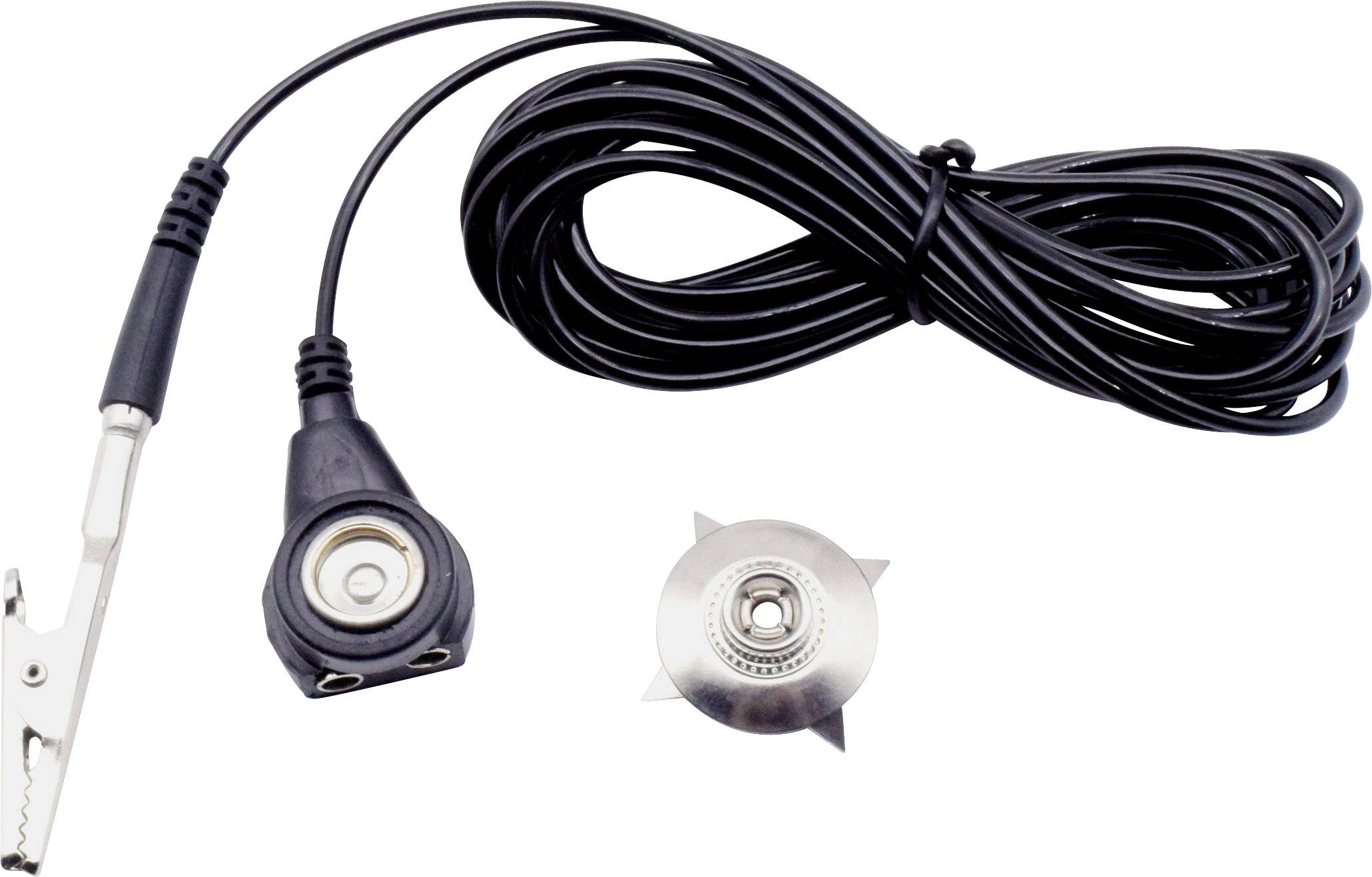 Černý kabel s svorkou a magnetickou základnou, používaný k upevnění elektrických zařízení nebo antén.