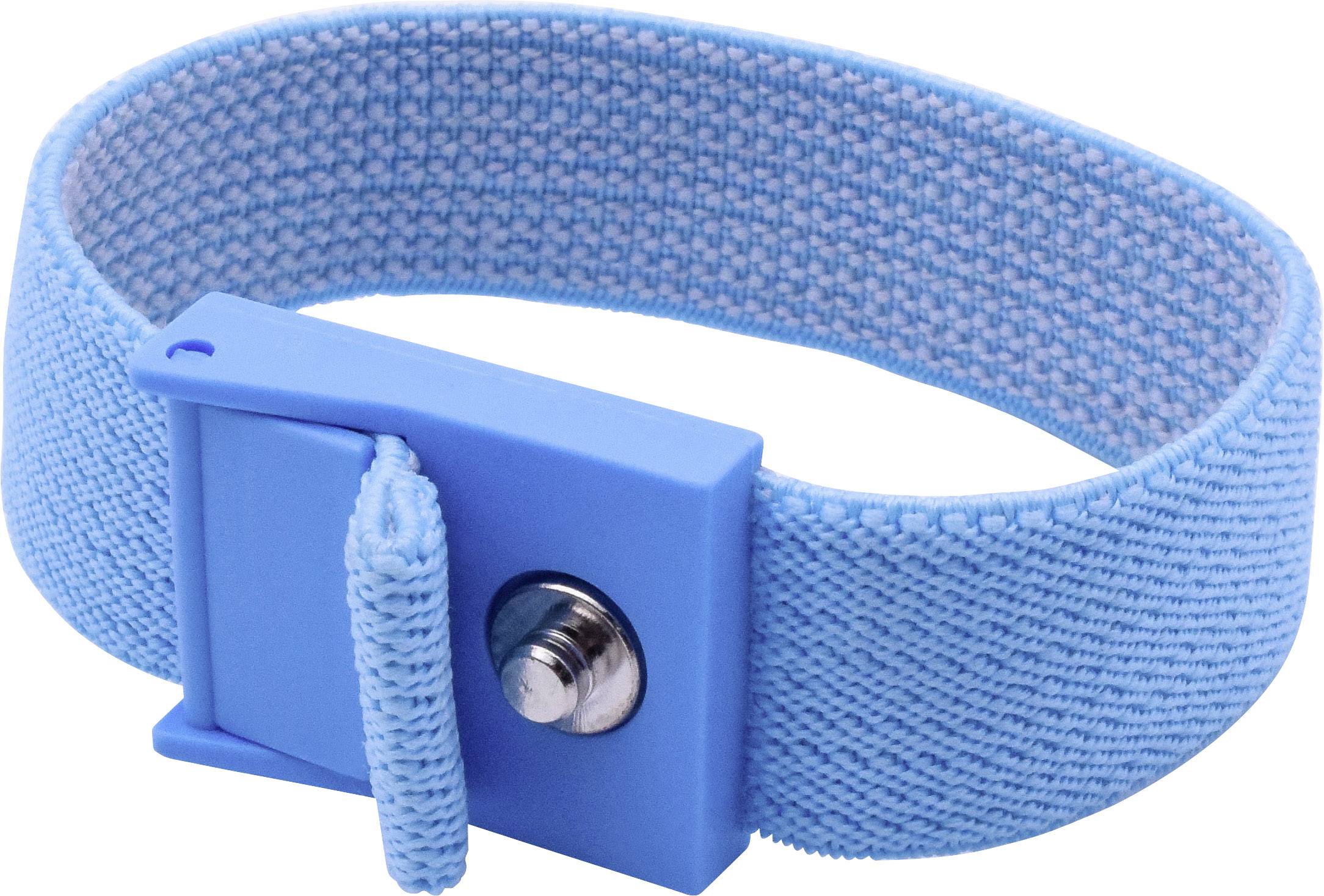 Modré náramkové zápěstí s nastavitelnou sponou a kovovým šroubem, vhodné pro antistatické účely v elektronickém prostředí.