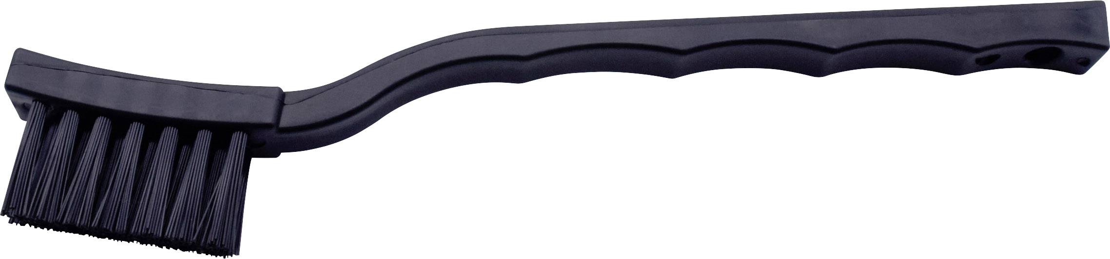 Černý drátěný kartáč s plastovým potahem a ergonomickou rukojetí, vhodný pro čištění kovových povrchů a těžko dostupných míst.