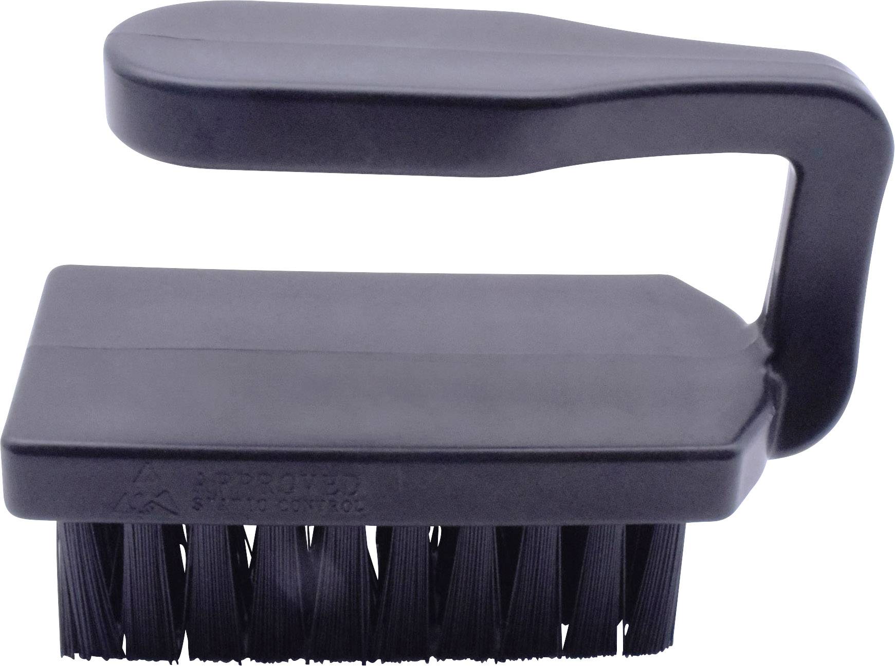 Černý čisticí kartáč s obdélníkovitou hlavou a ergonomickou rukojetí; používaný pro intenzivní čištění.