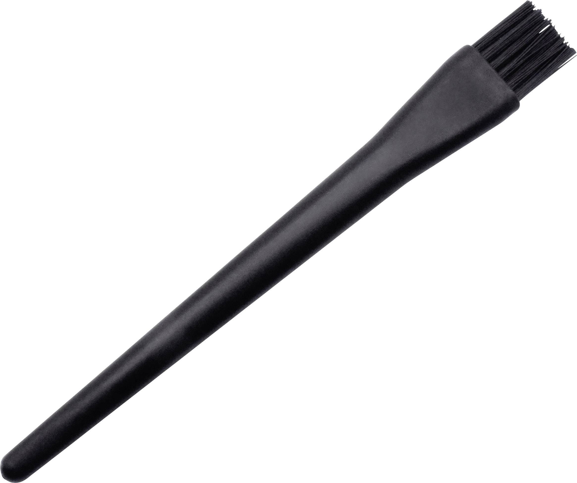 Černý čisticí štětec s plastovými štětinami, vhodný pro odstraňování prachu a nečistot z citlivých povrchů.