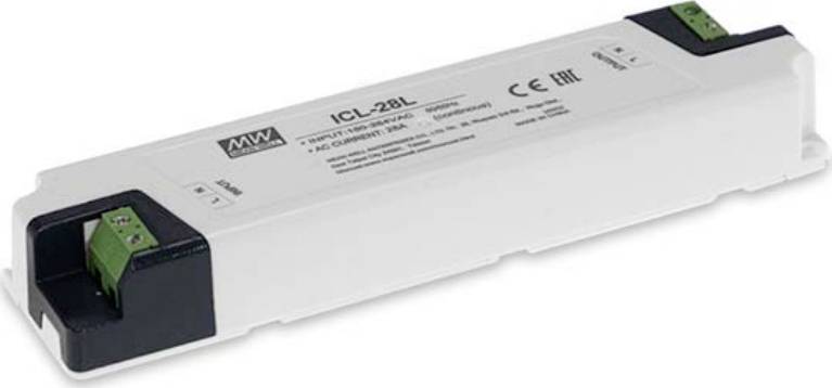 Elektronický předřadník, obdélníkový kryt, přípojky na obou koncích. Na horní straně technické údaje a informace o produktu.