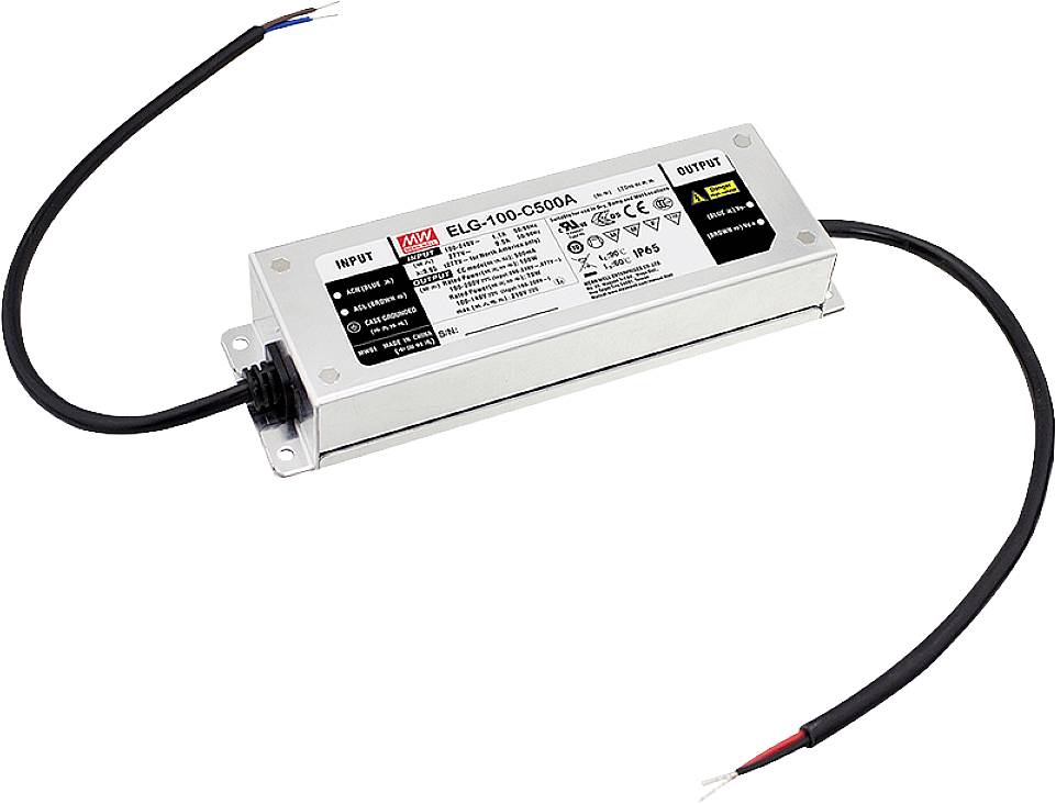 LED driver s kovovým pouzdrem, model ELG-100-C500A. Zobrazuje vstupní a výstupní kabely spolu s technickými specifikacemi na štítku.