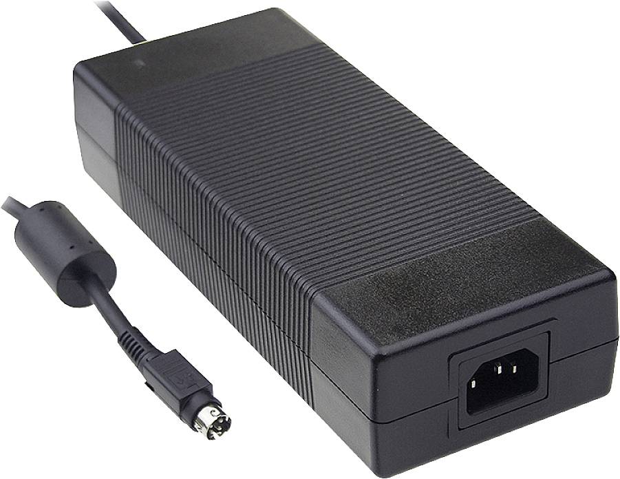 Černá nabíječka na notebook s kabelem a zástrčkou, vhodná pro připojení k napájecímu adaptéru.