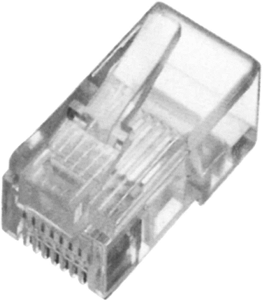Transparentní RJ-45 konektor, který se často používá pro ethernetová připojení v síťových kabelech.
