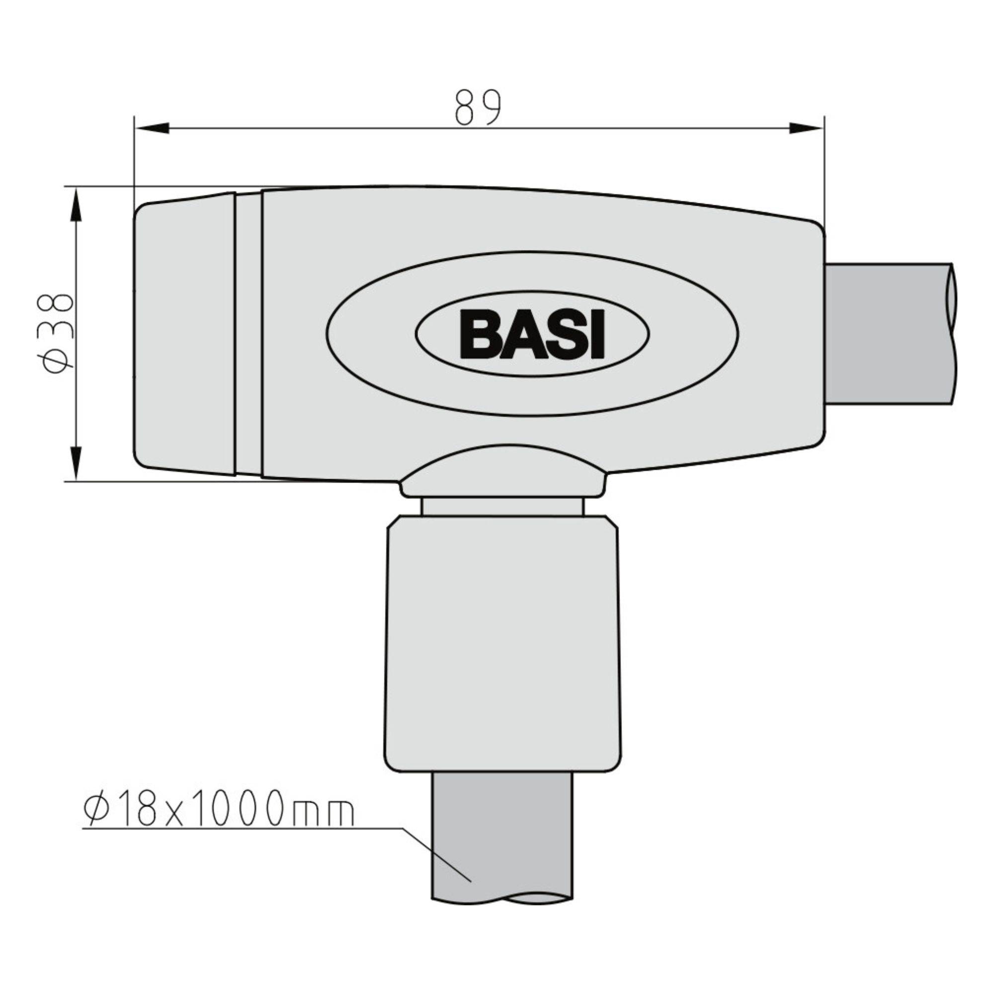 Technický výkres bezpečnostního zámkového válce BASI. Rozměry jsou zobrazeny: délka 89 mm, výška 38 mm, propojovací tyč 18 x 1000 mm.