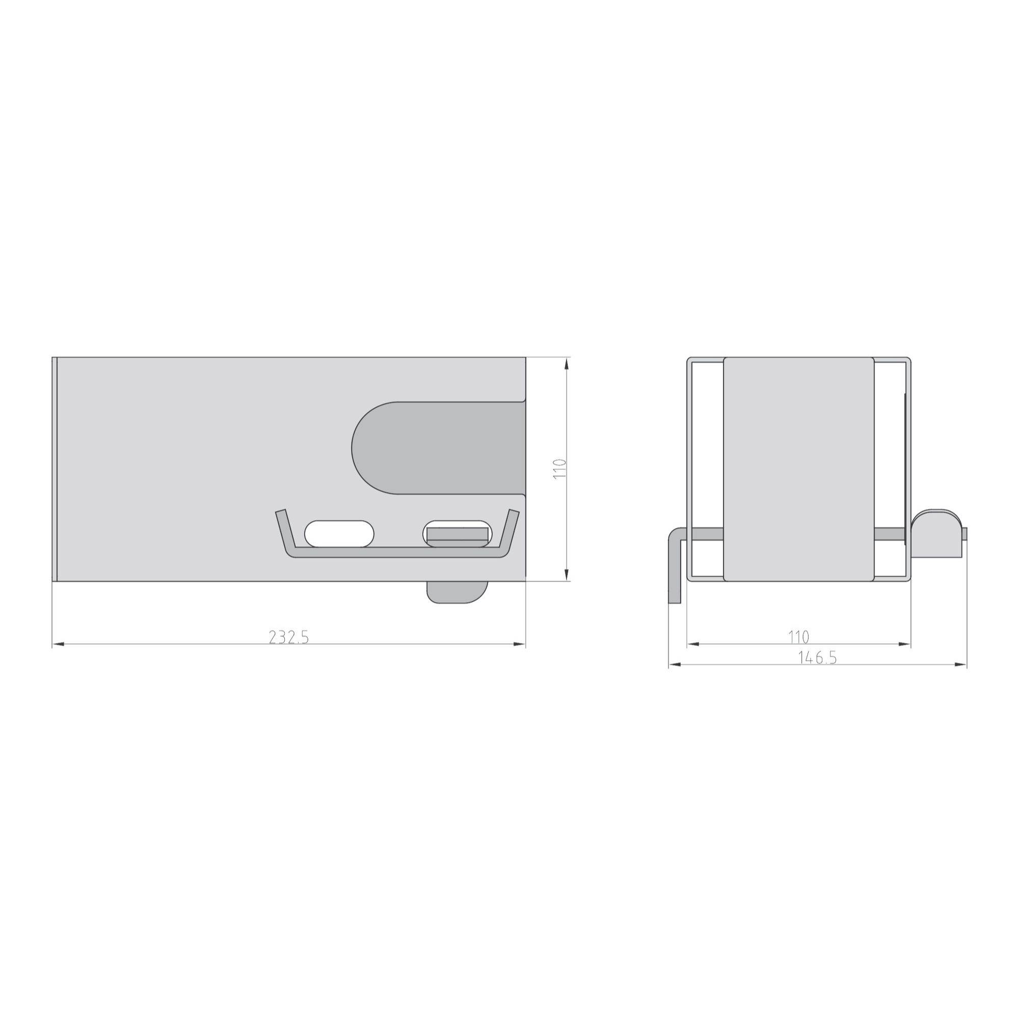 Boční a přední pohledy na šedé elektronické zařízení s rozměry: 232,5 mm široké, 110 mm vysoké, 116,5 mm hluboké. Design je minimalistický.