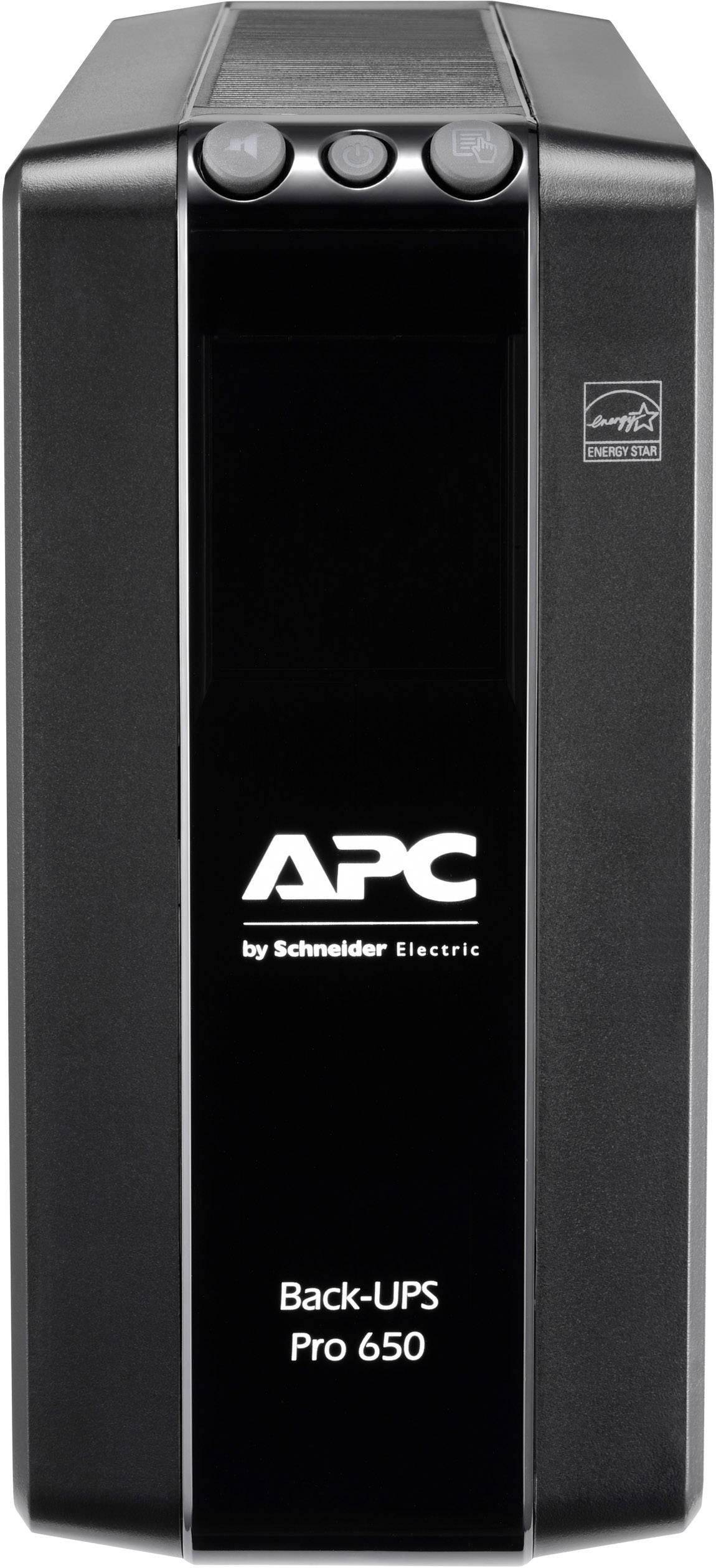 Nepřerušitelný zdroj napájení (UPS) od APC, model Back-UPS Pro 650, v černém provedení, od společnosti Schneider Electric.