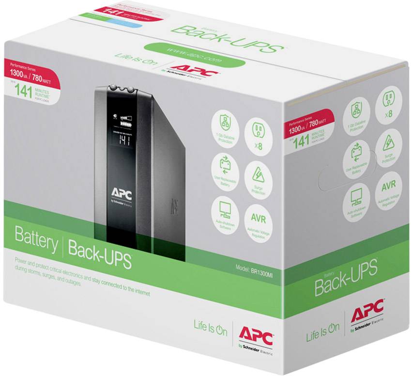 Obrázek zobrazuje balení záložního zdroje APC Back-UPS s modelovým číslem BX1300MI. Zdůrazňuje kapacitu 1300 VA a 780 wattů a také 8 elektrických zásuvek.