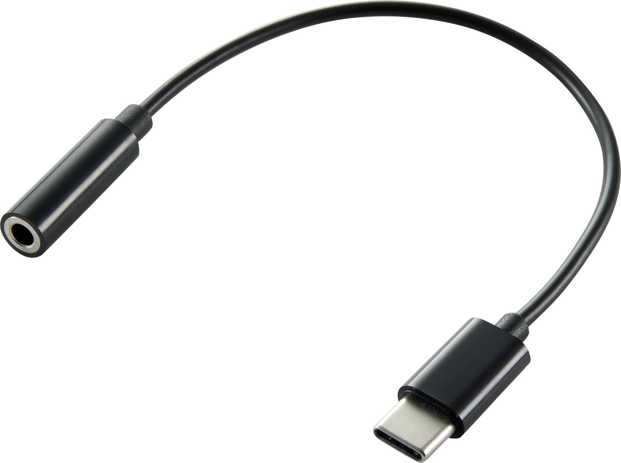 Černý kabel s USB-C konektorem na jednom konci a 3,5mm jack konektorem na druhém konci, určený pro propojení audio zařízení.